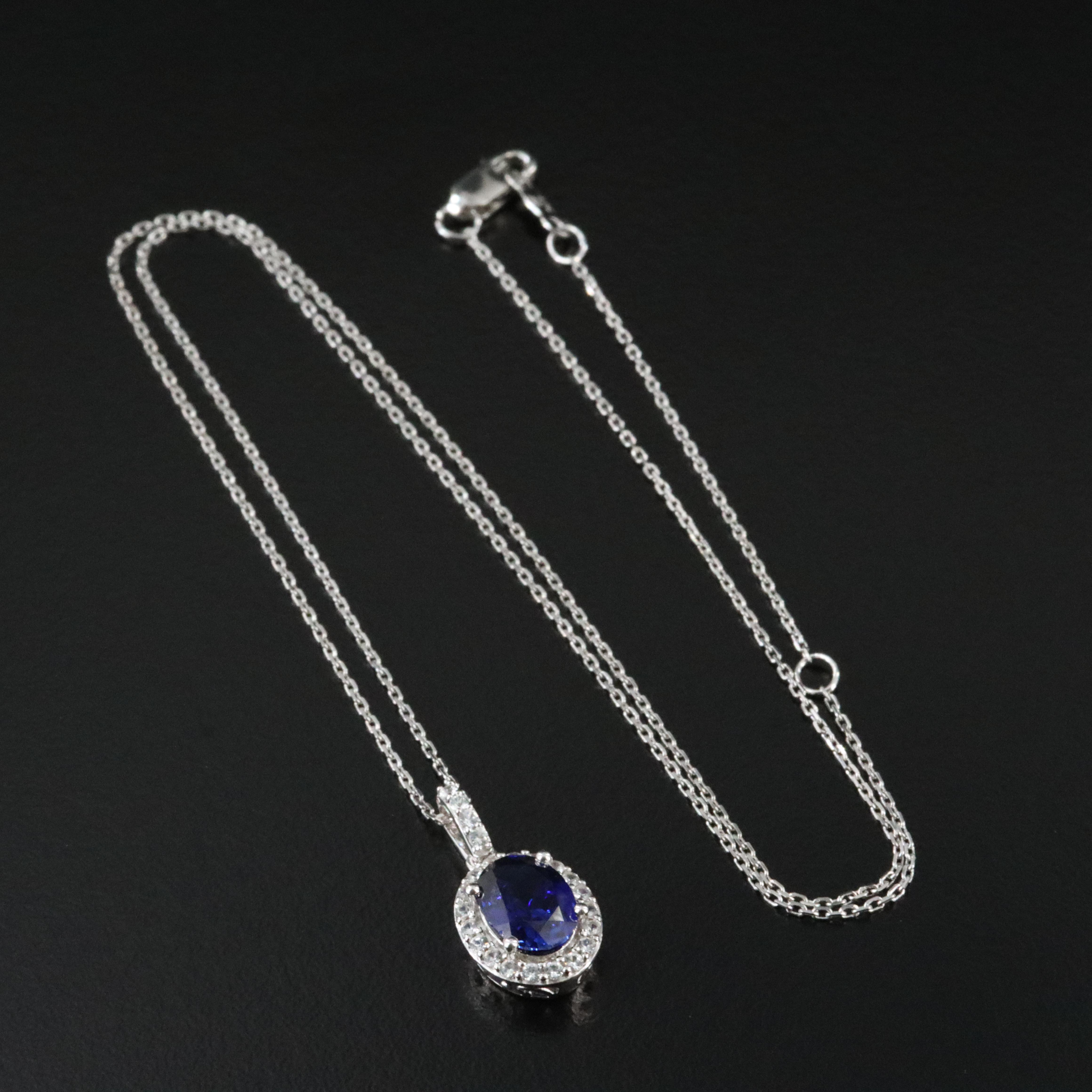 Sterling Sapphire Pendant Necklace with White Sapphire Accents