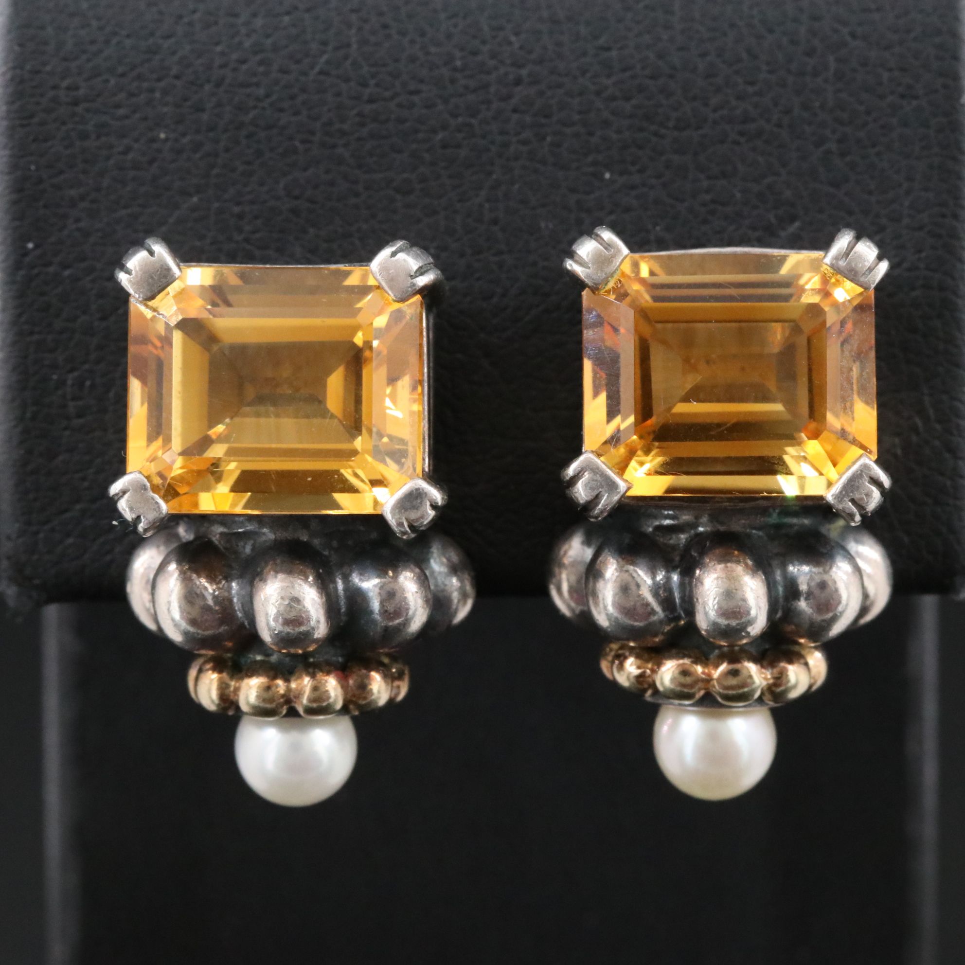 Caviar by Lagos Sterling Citrine and Pearl Clip Earrings with 18K Accents
