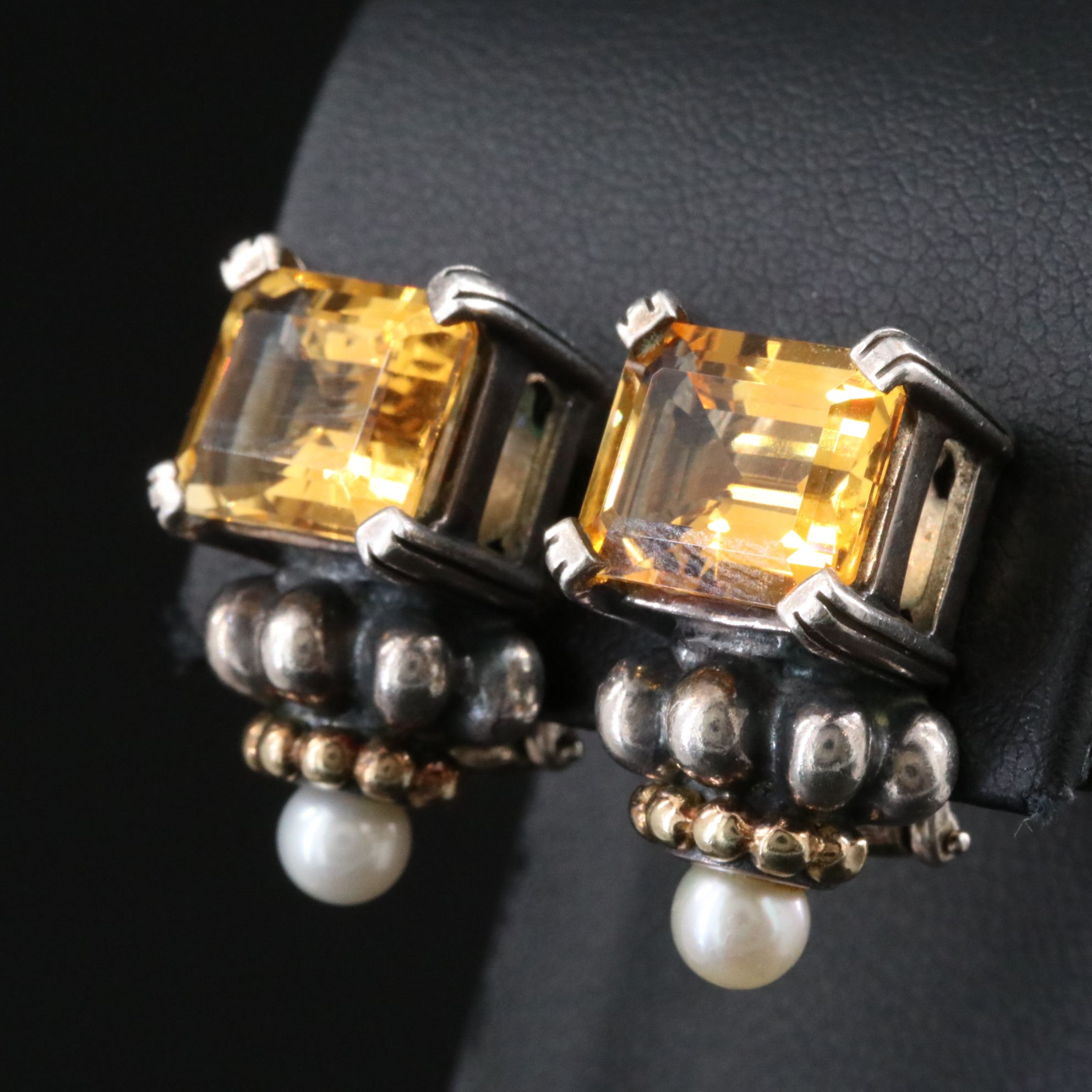 Caviar by Lagos Sterling Citrine and Pearl Clip Earrings with 18K Accents
