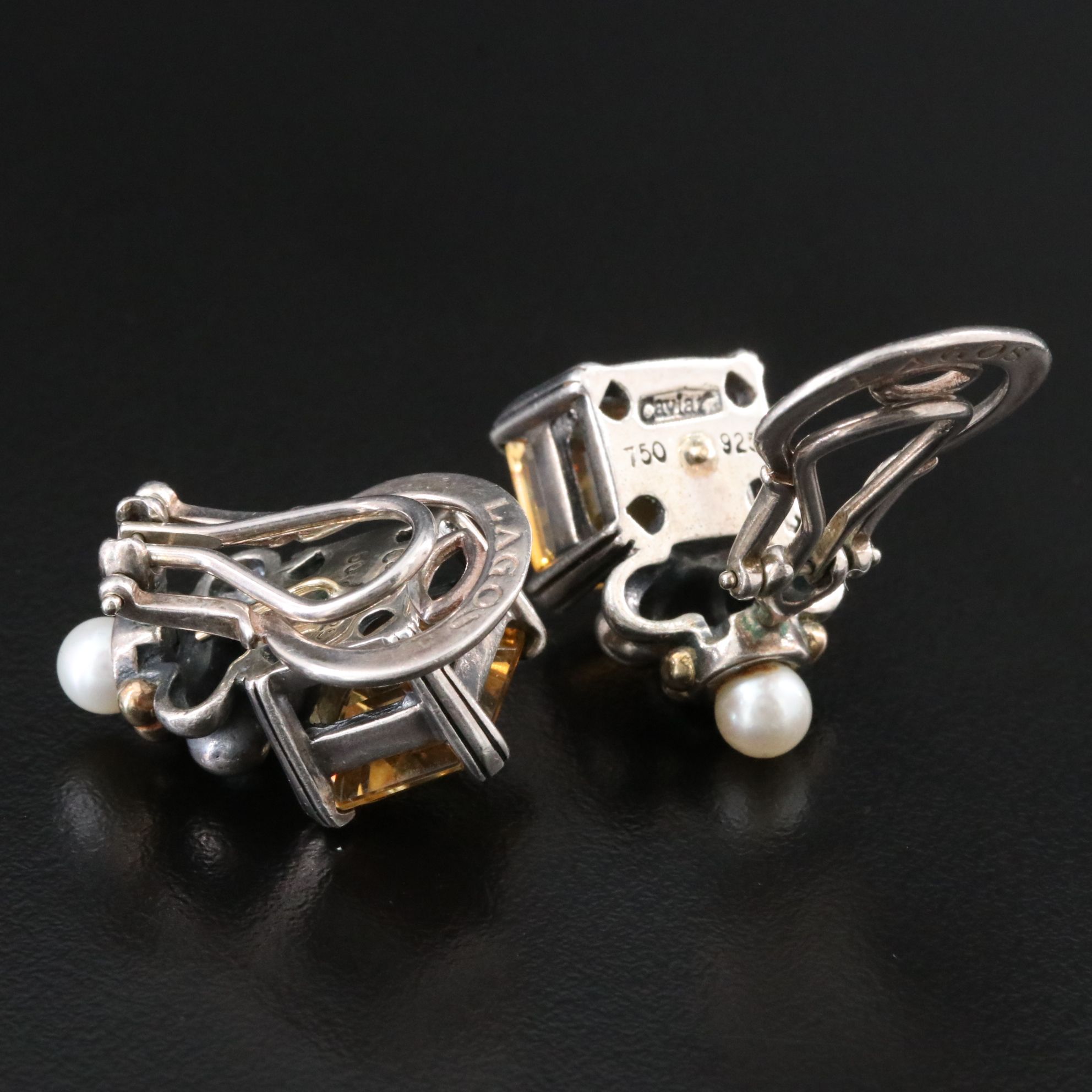 Caviar by Lagos Sterling Citrine and Pearl Clip Earrings with 18K Accents