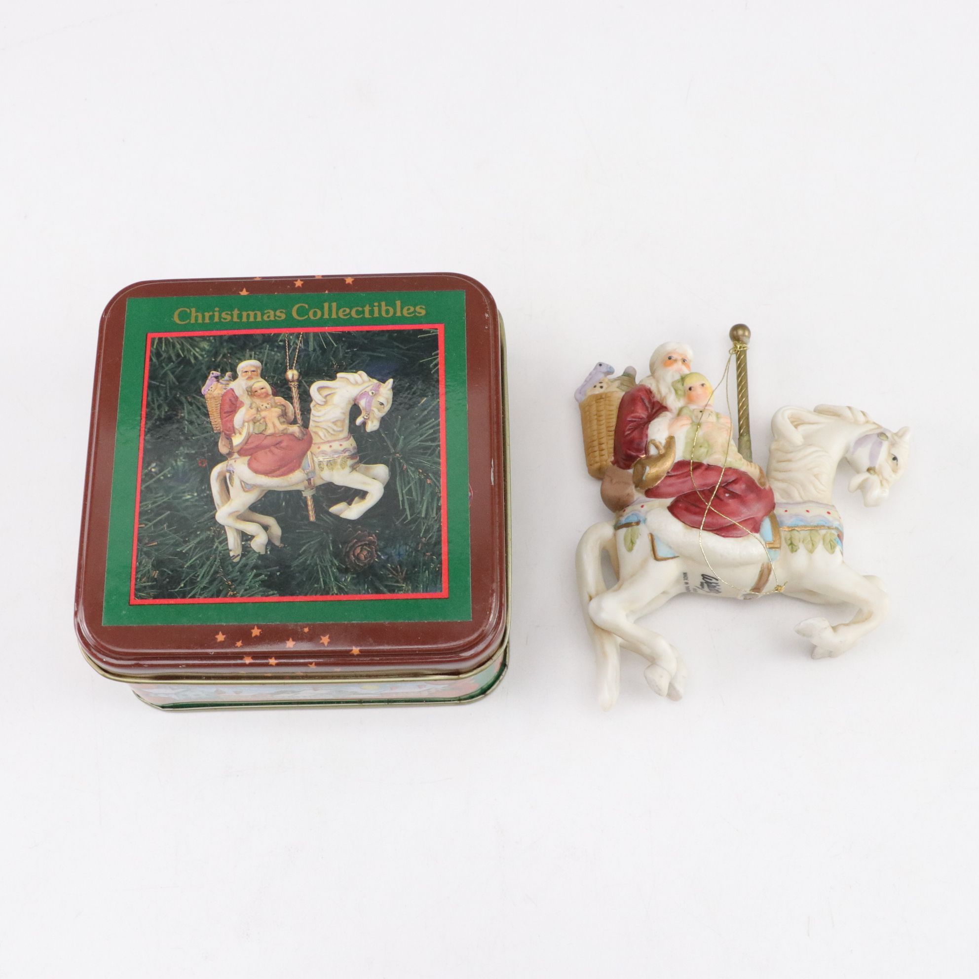 Carousel Horse Christmas Ornaments, Tin Box and More Decor, Late 20th C.