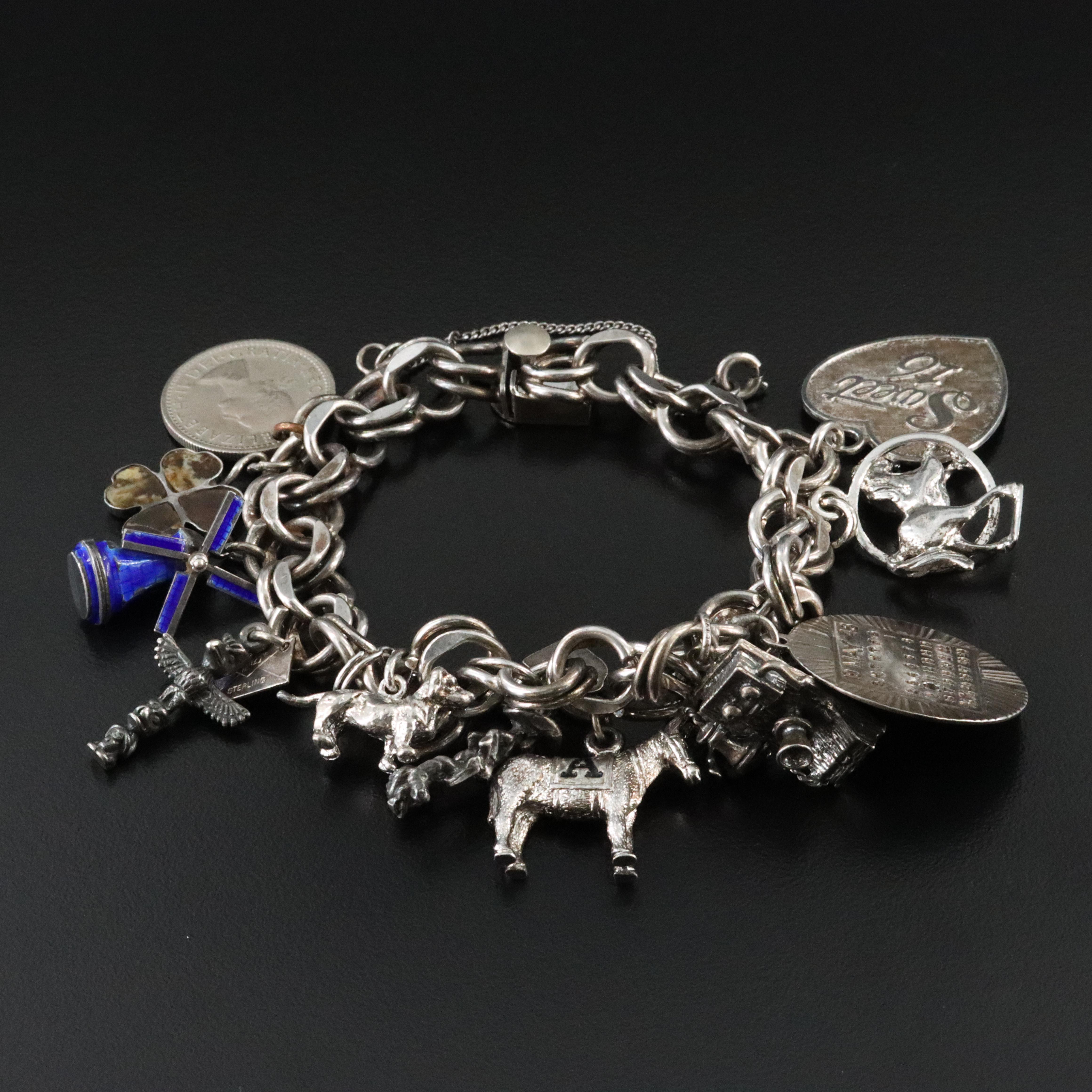 Vintage Sterling Glass, Enamel and Jasper Charm Bracelet