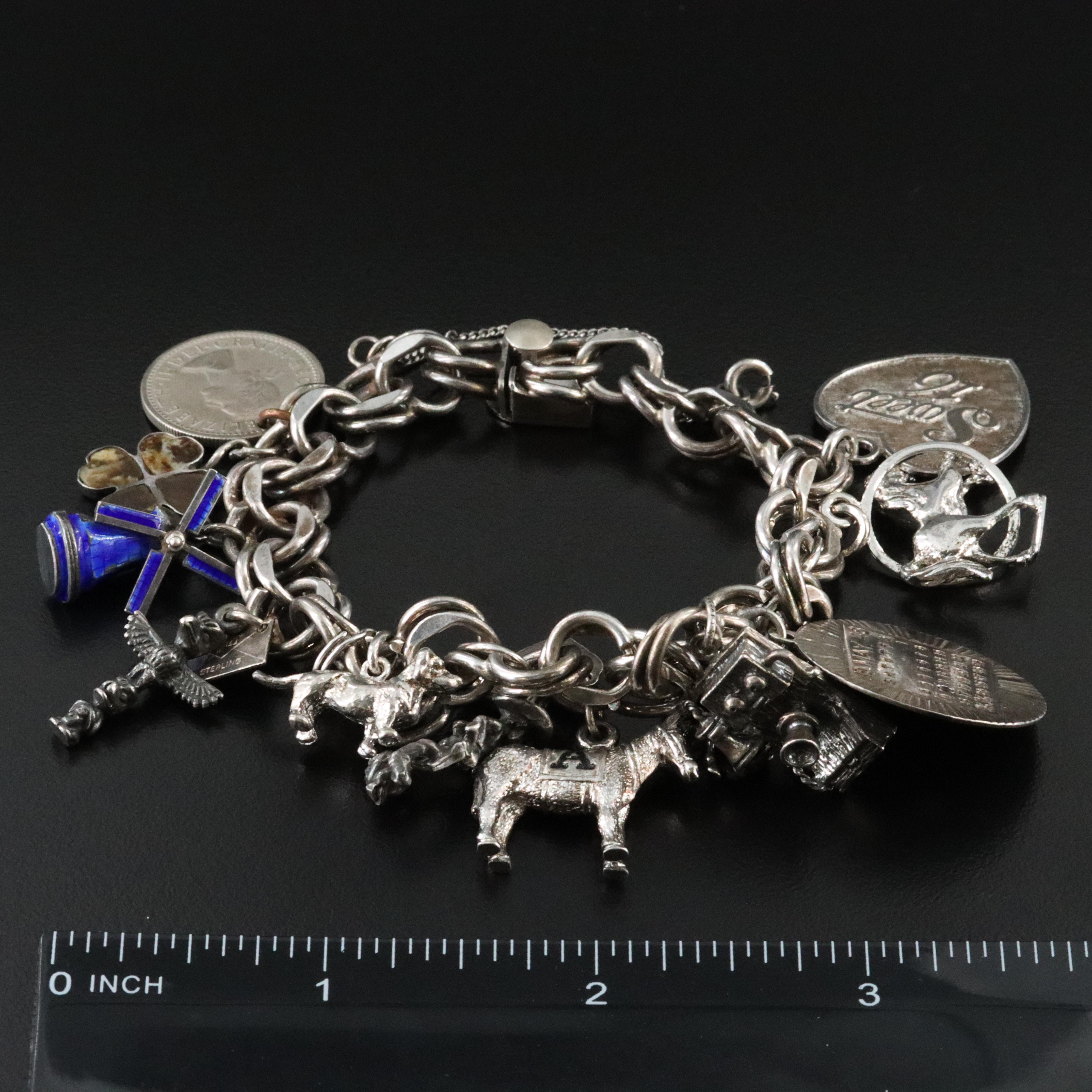 Vintage Sterling Glass, Enamel and Jasper Charm Bracelet