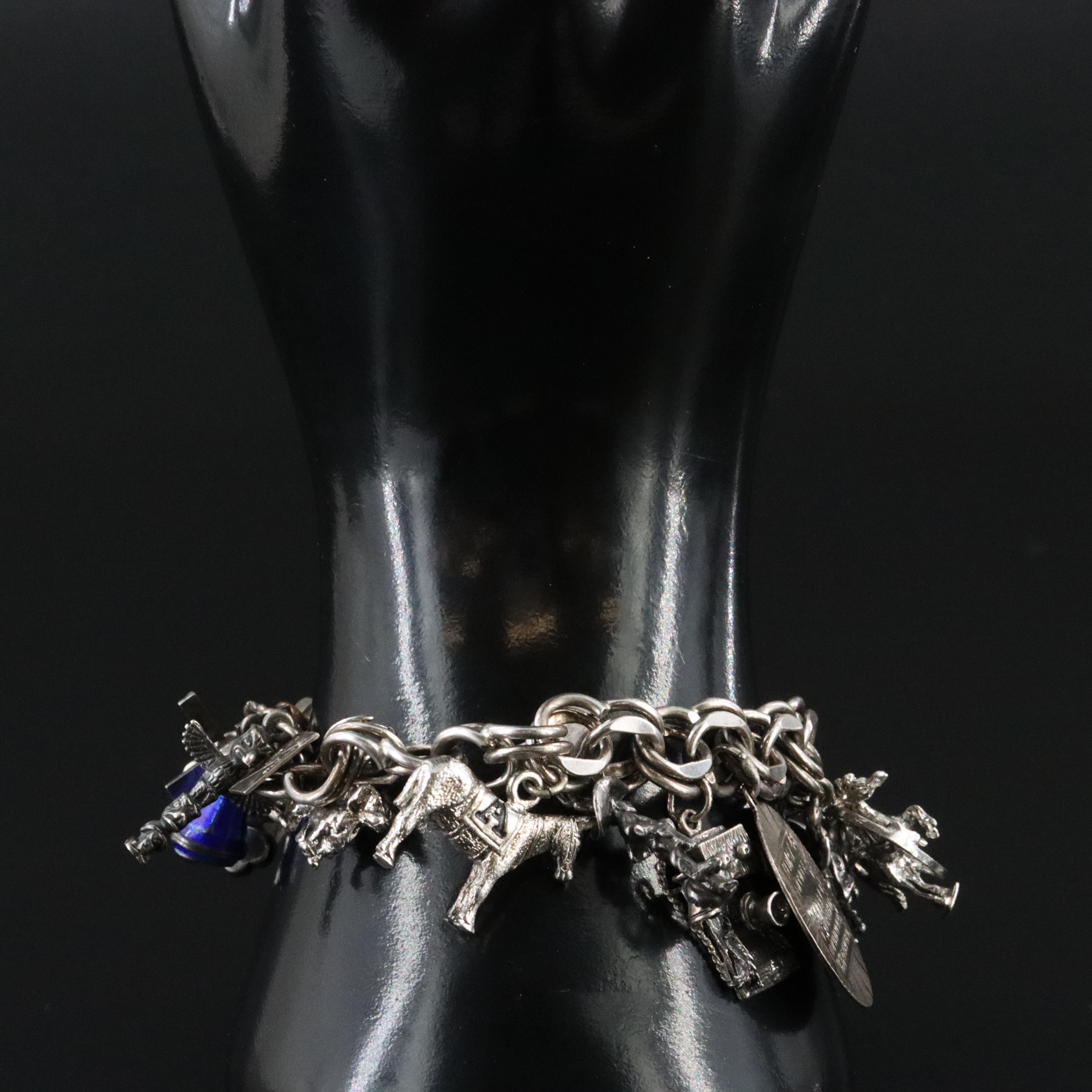 Vintage Sterling Glass, Enamel and Jasper Charm Bracelet