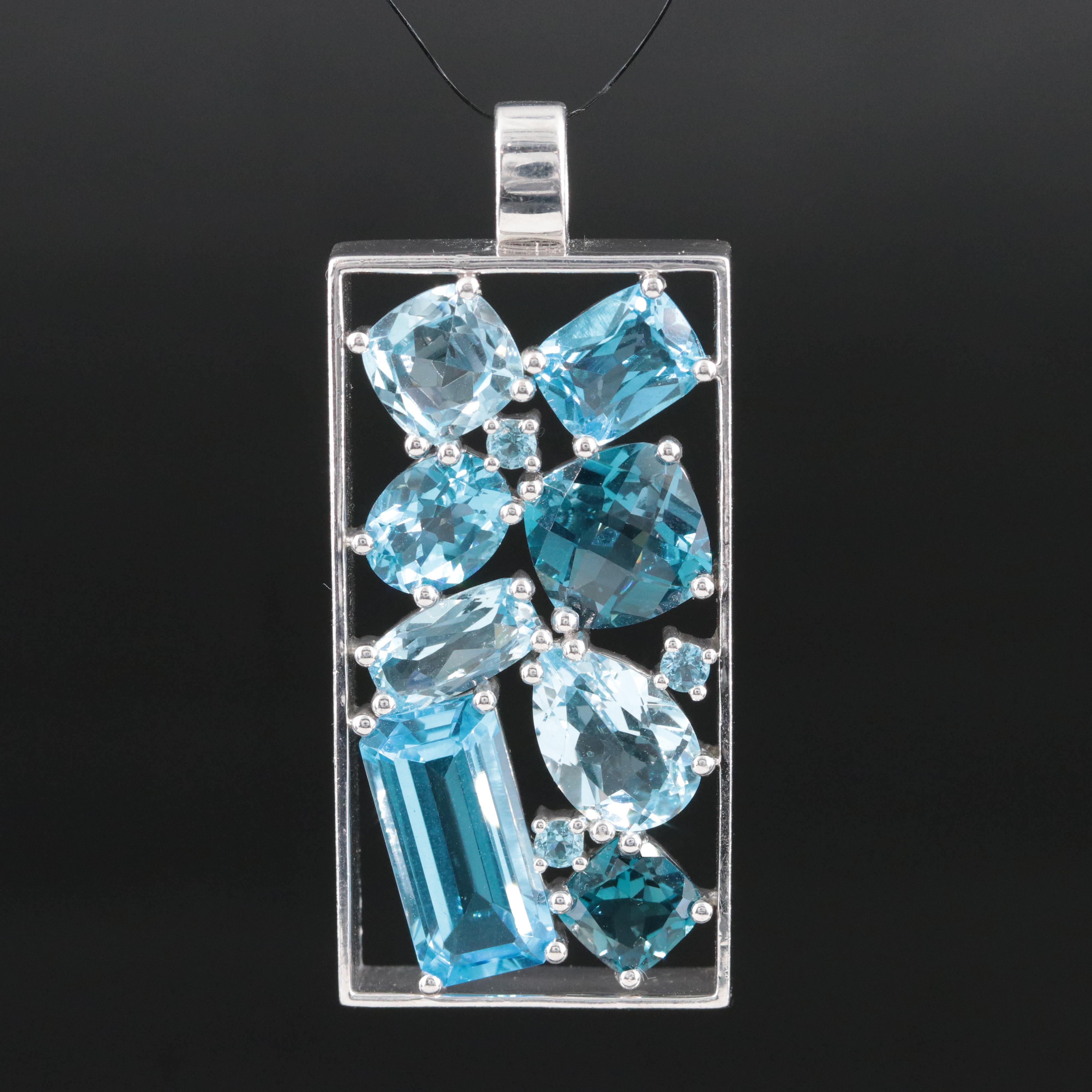 Sterling Swiss and Sky Blue Topaz Rectangular Pendant Necklace