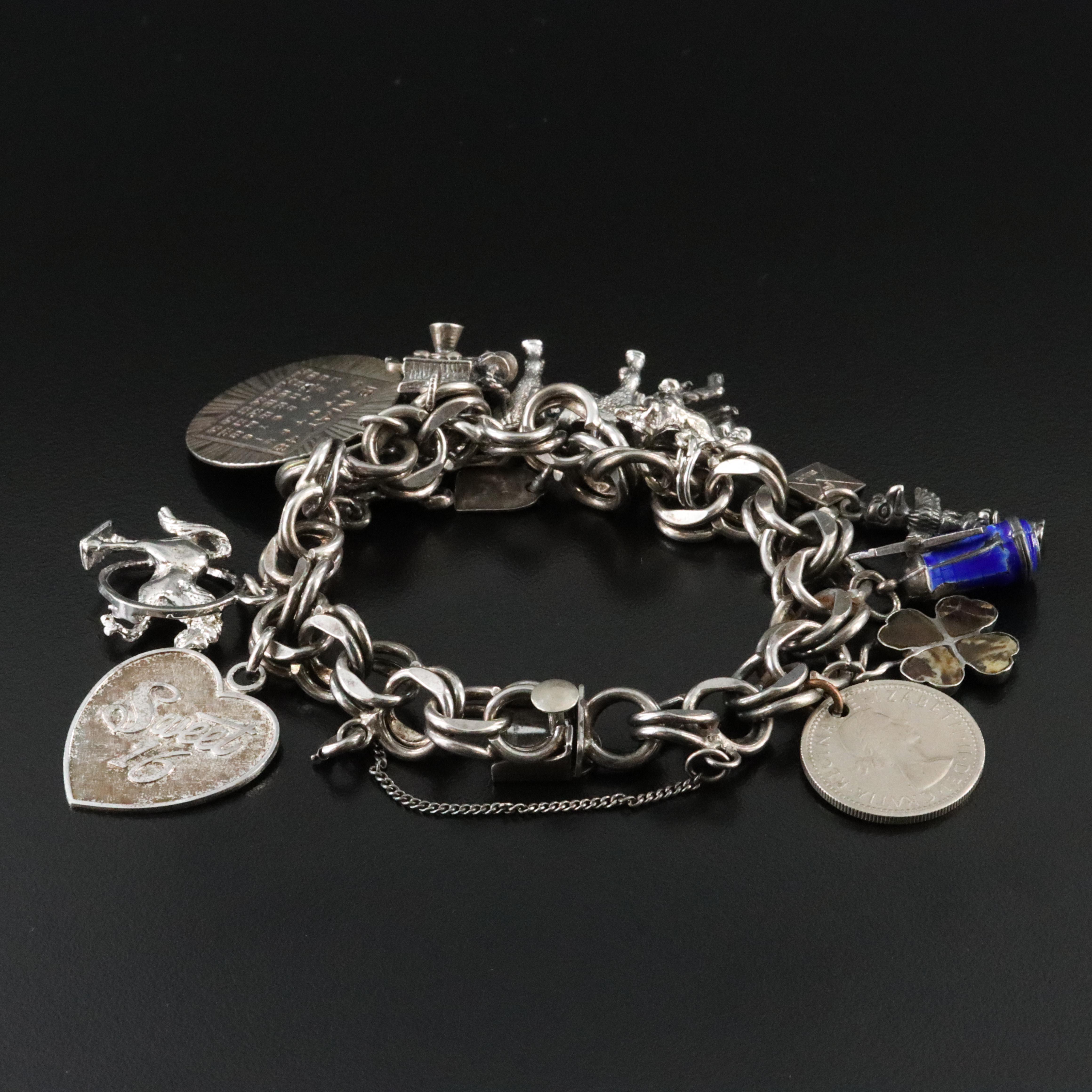 Vintage Sterling Glass, Enamel and Jasper Charm Bracelet