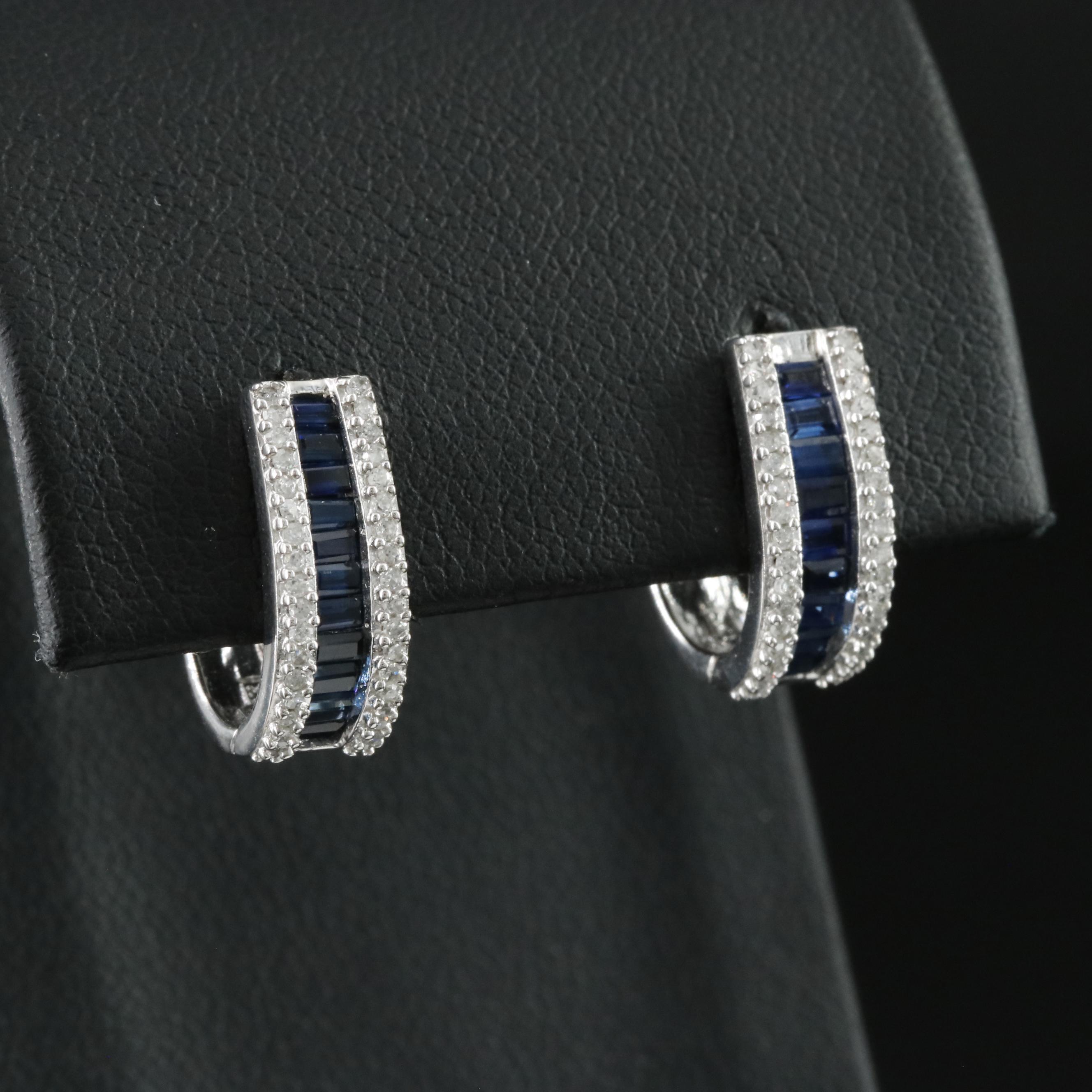 10K Sapphire and Diamond Huggie Hoop Earrings