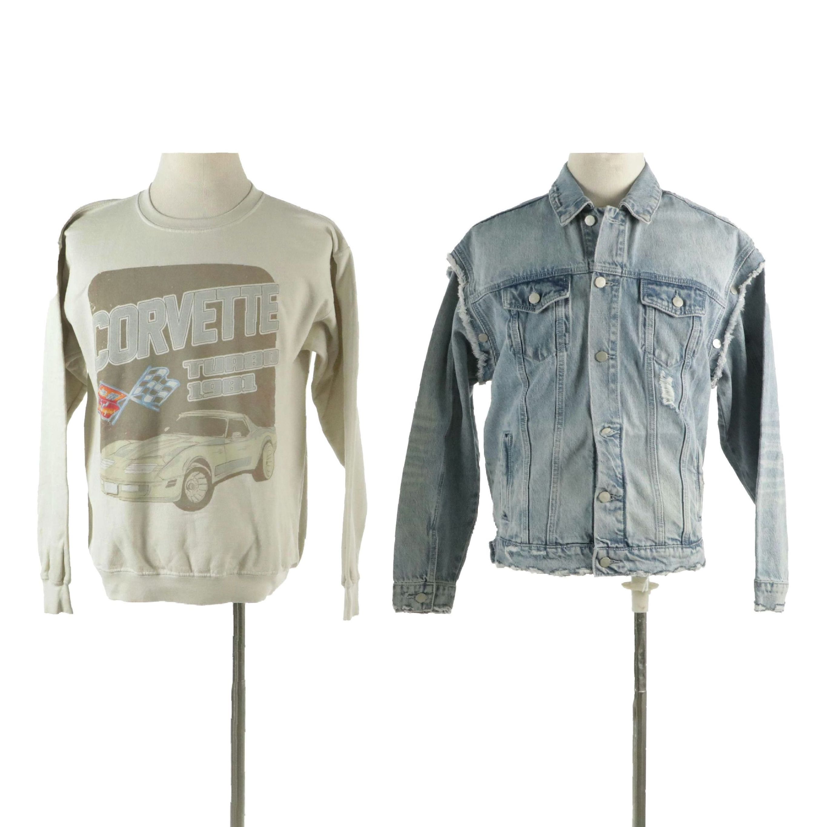 Men's Lifted Anchors Convertible Distressed Jean Jacket, Other Corvette Crewneck