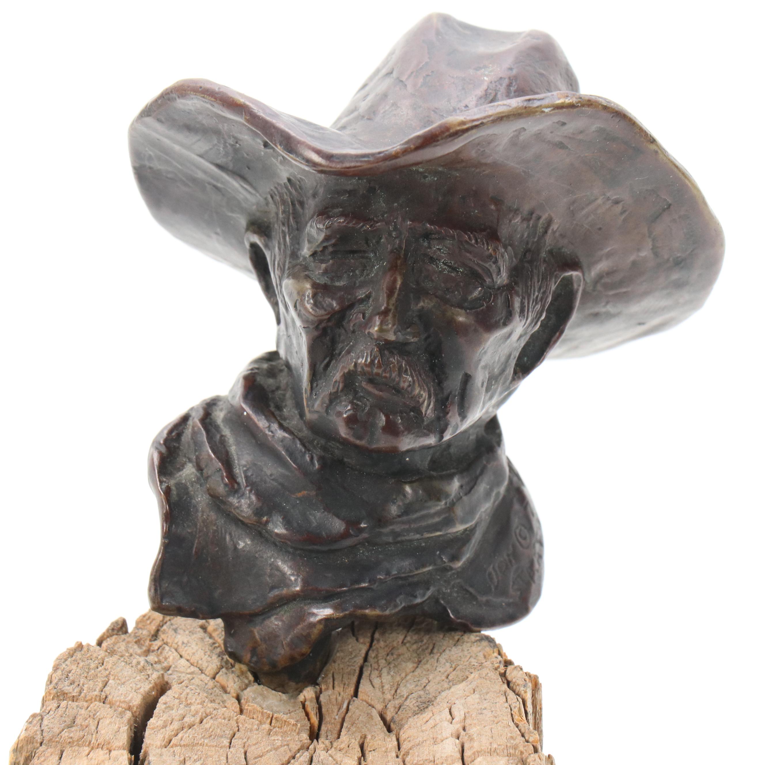 Don Staats Cowboy Bust Cast Bronze Sculpture on Wood Base