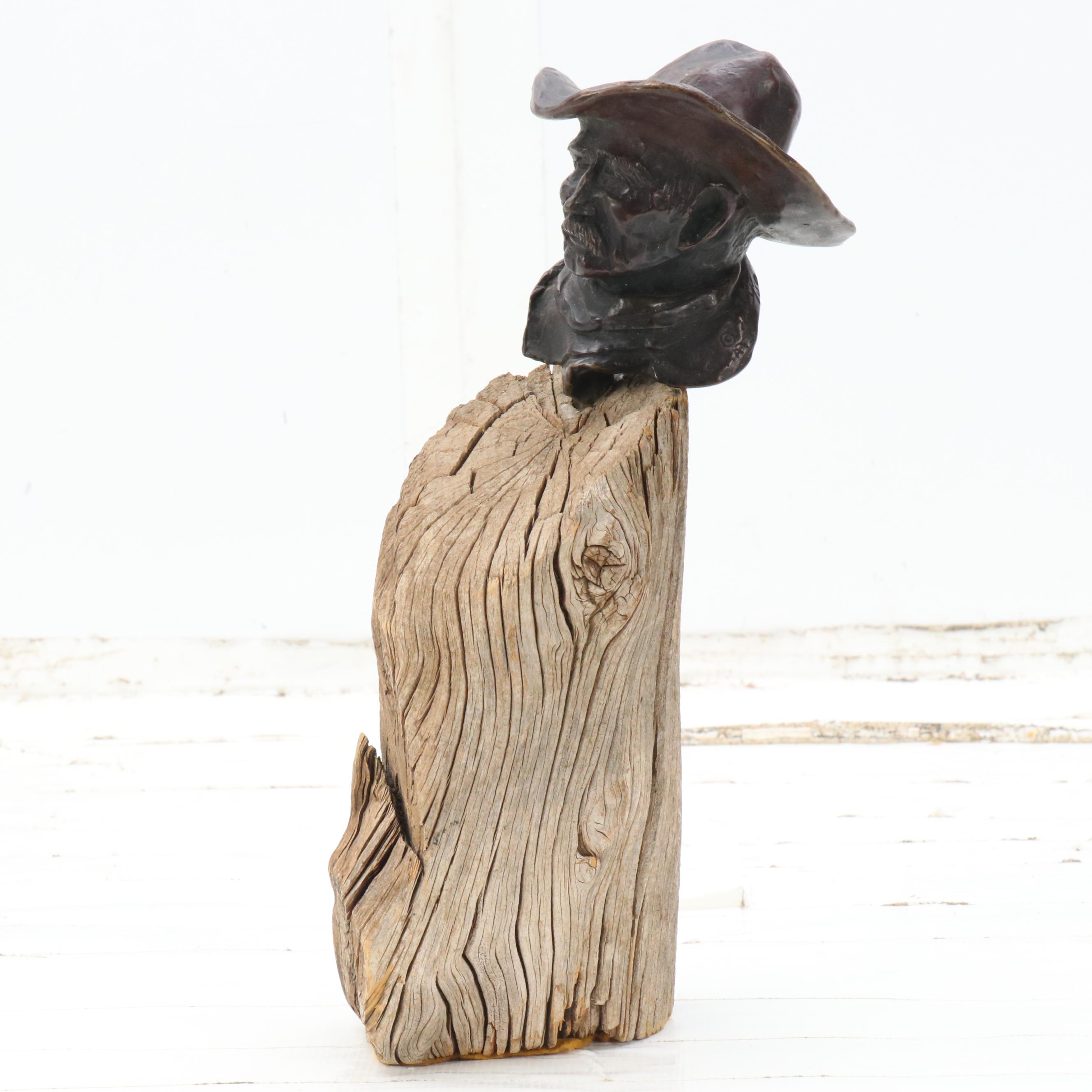 Don Staats Cowboy Bust Cast Bronze Sculpture on Wood Base