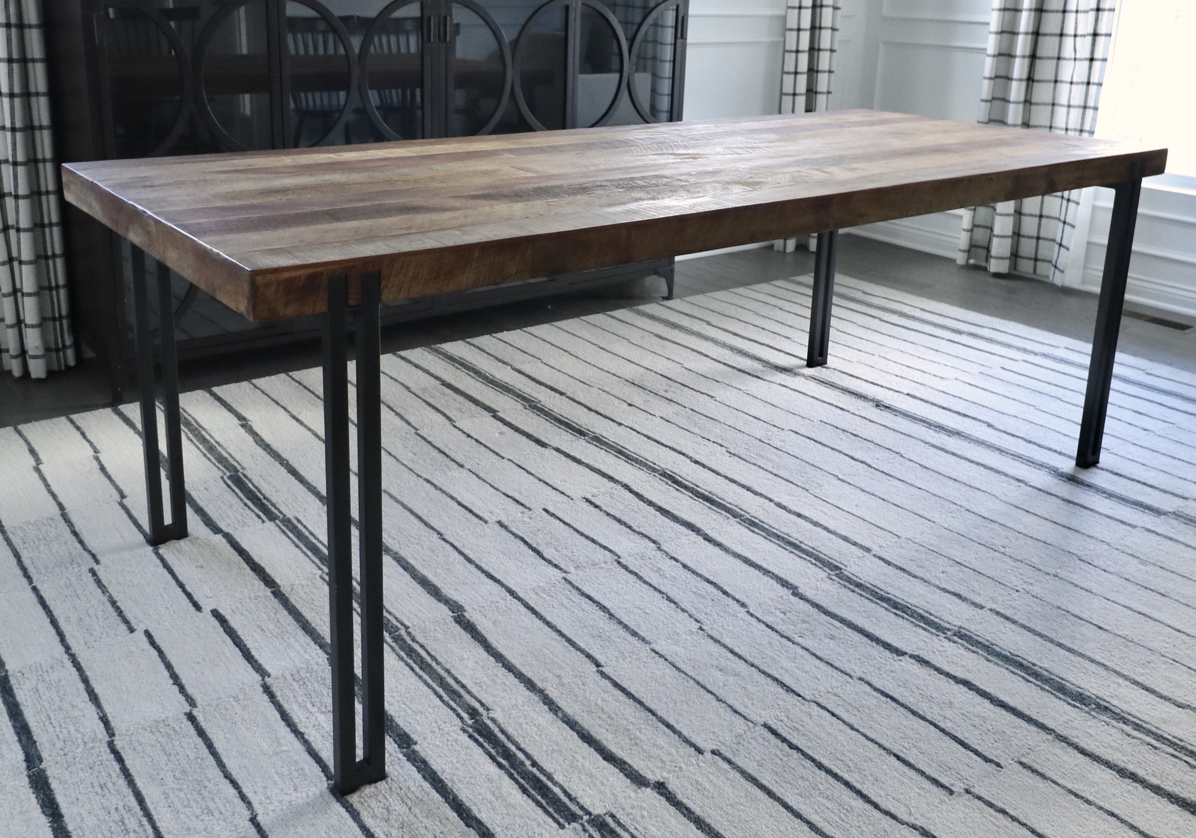 Farmhouse Style Wood Dining Table and Six Spindle-Back Chairs