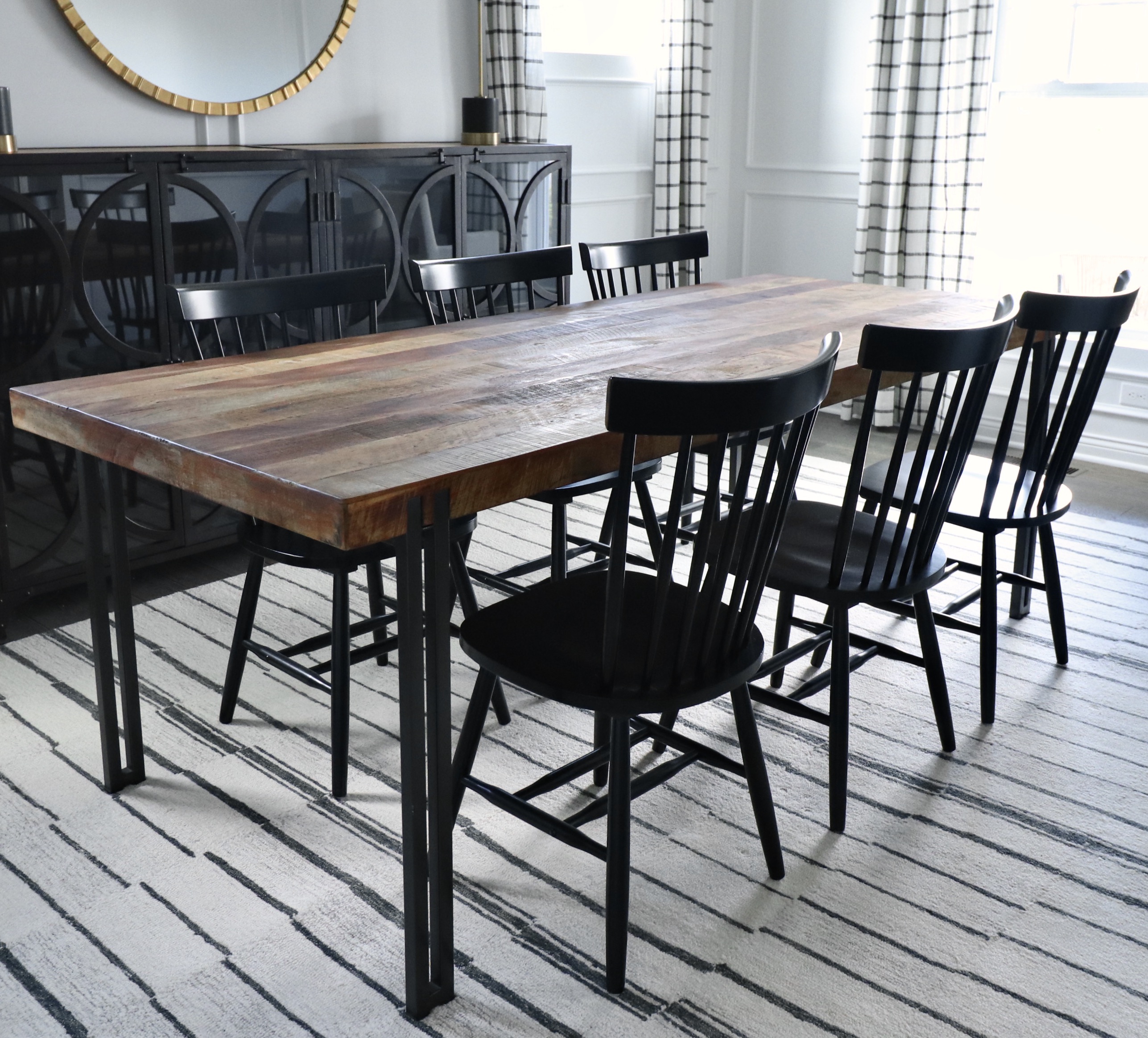 Farmhouse Style Wood Dining Table and Six Spindle-Back Chairs