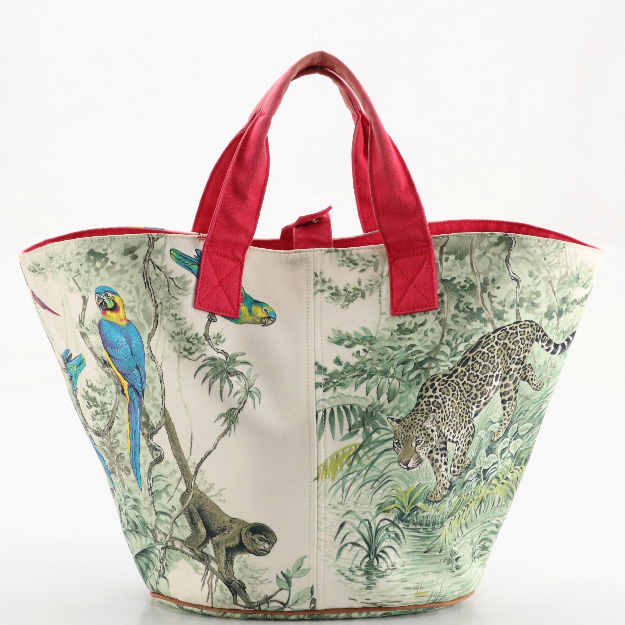 Hermès Panier de Plage MM Tote & Pouch in Equateur Print and Pink Cotton Canvas