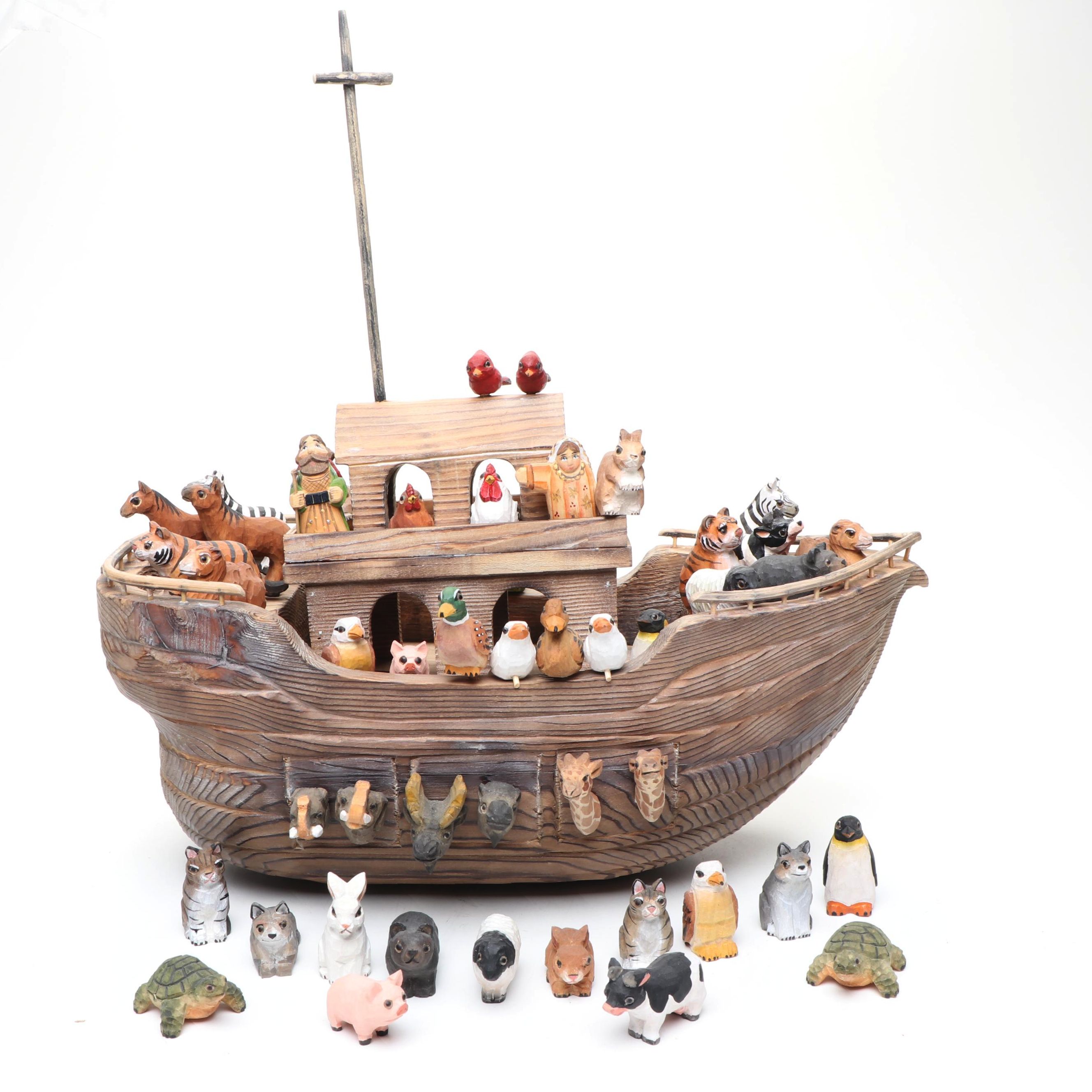 Russian Hand-Carved Wood Noah's Ark with Polychrome Animals