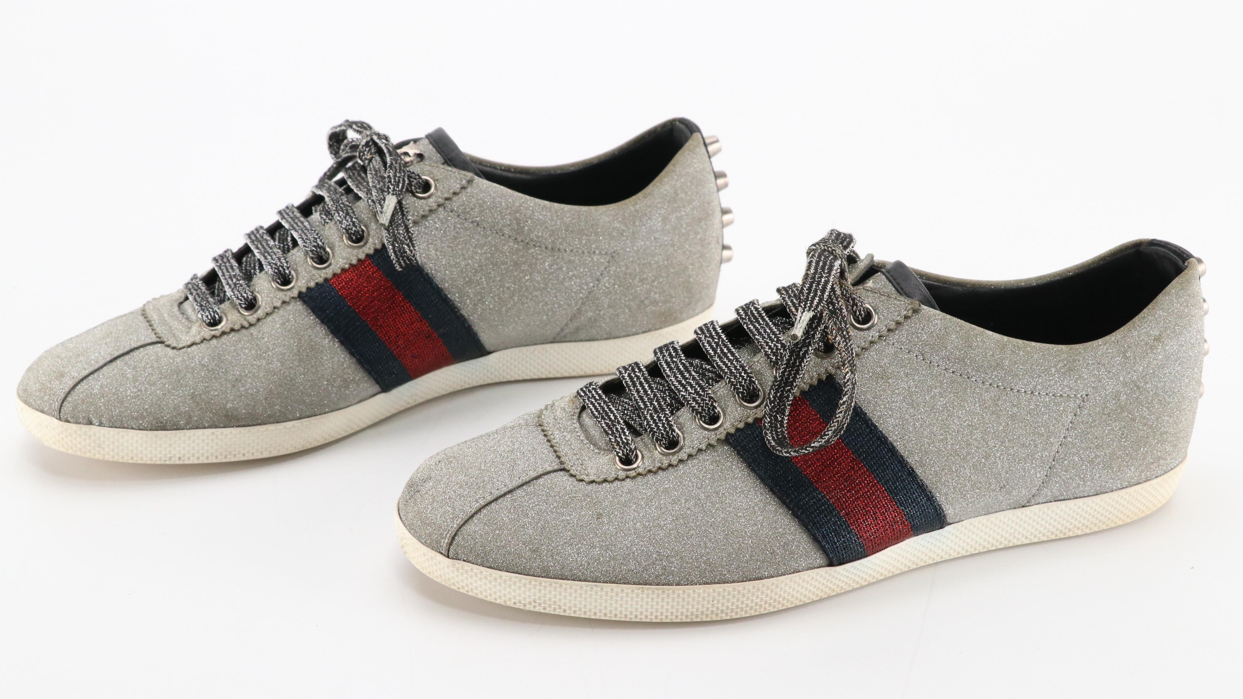 Gucci Studded Sylvie Web Stripe Glitter and Leather Lace-Up Sneakers