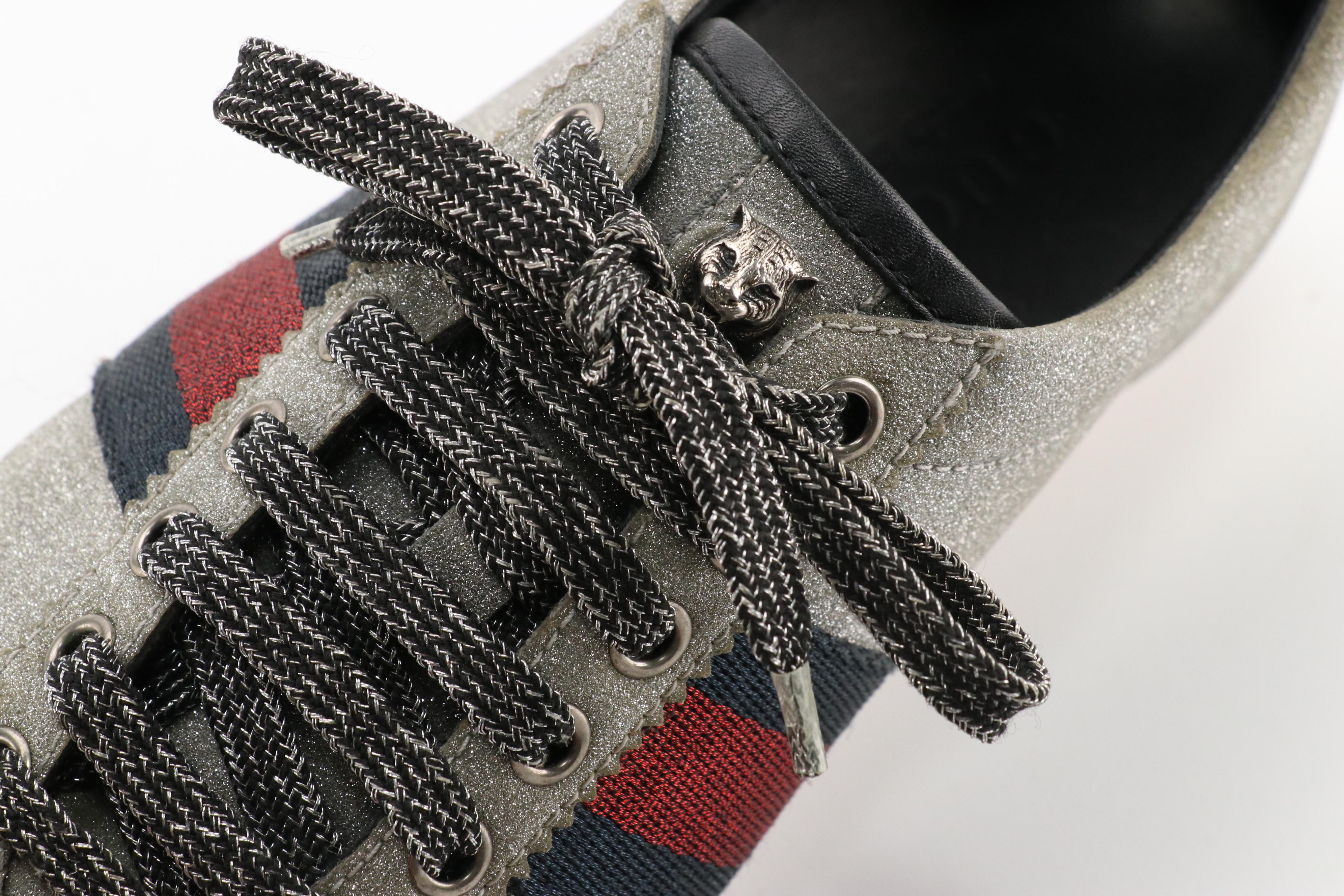 Gucci Studded Sylvie Web Stripe Glitter and Leather Lace-Up Sneakers