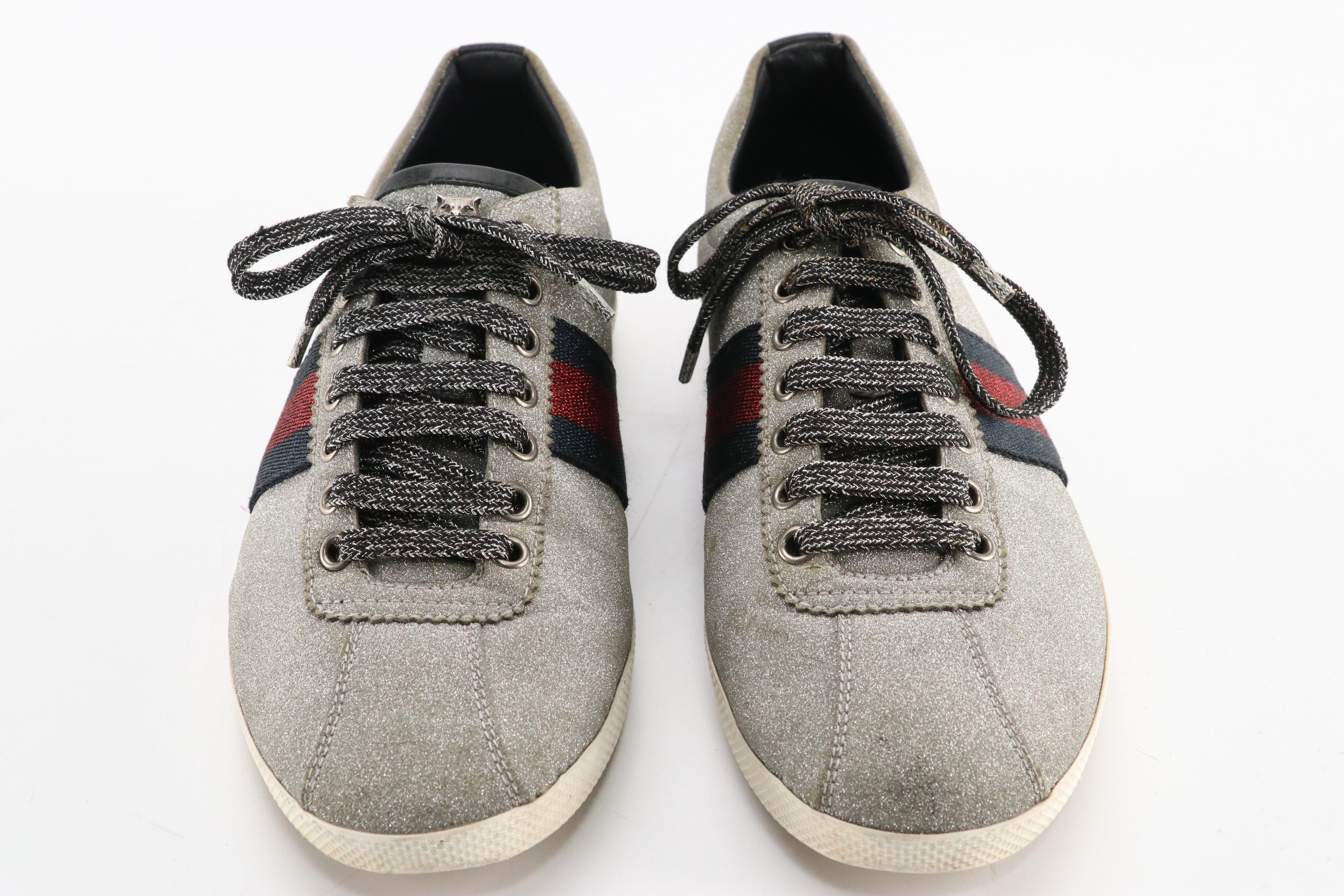 Gucci Studded Sylvie Web Stripe Glitter and Leather Lace-Up Sneakers