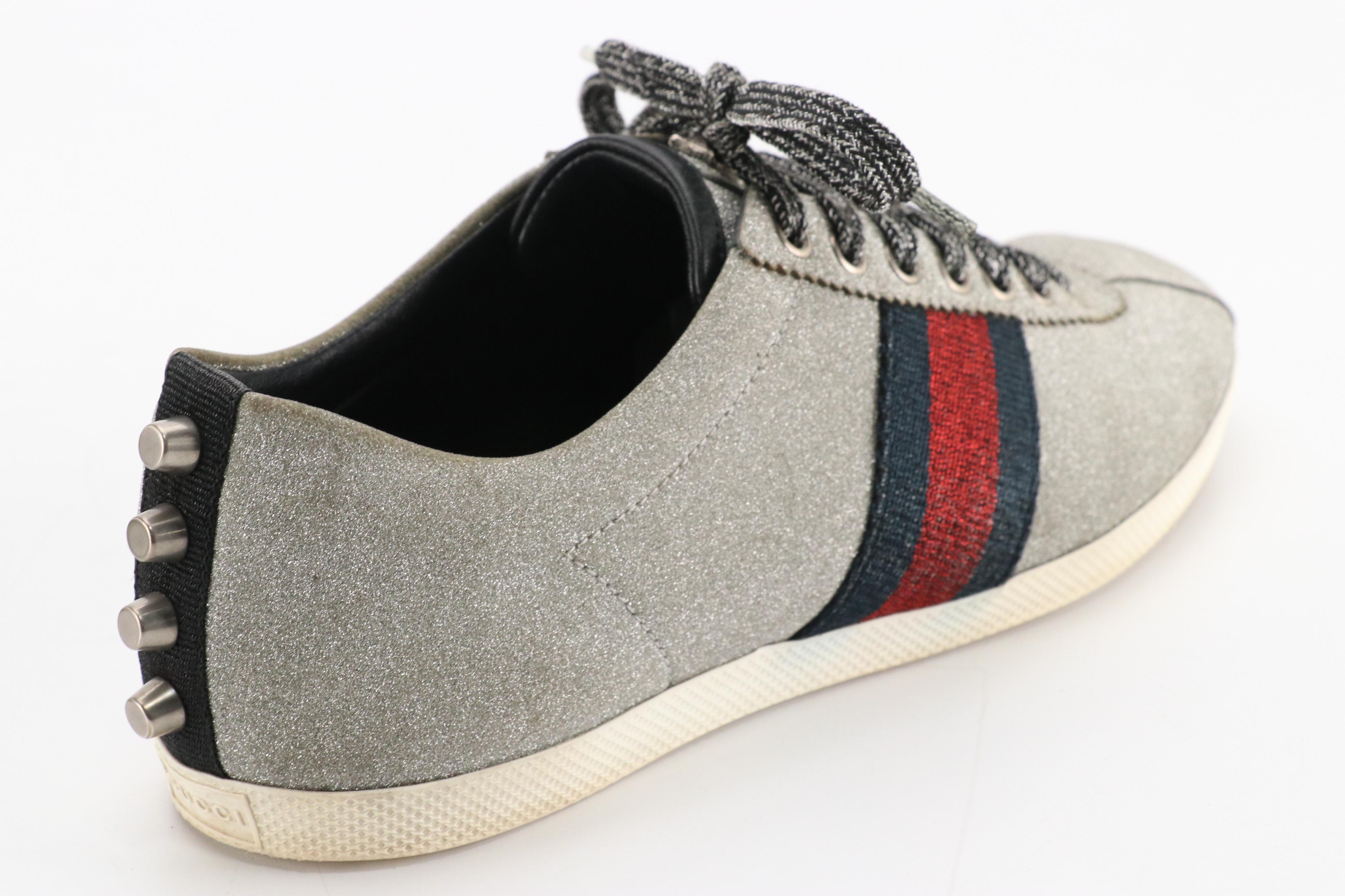 Gucci Studded Sylvie Web Stripe Glitter and Leather Lace-Up Sneakers
