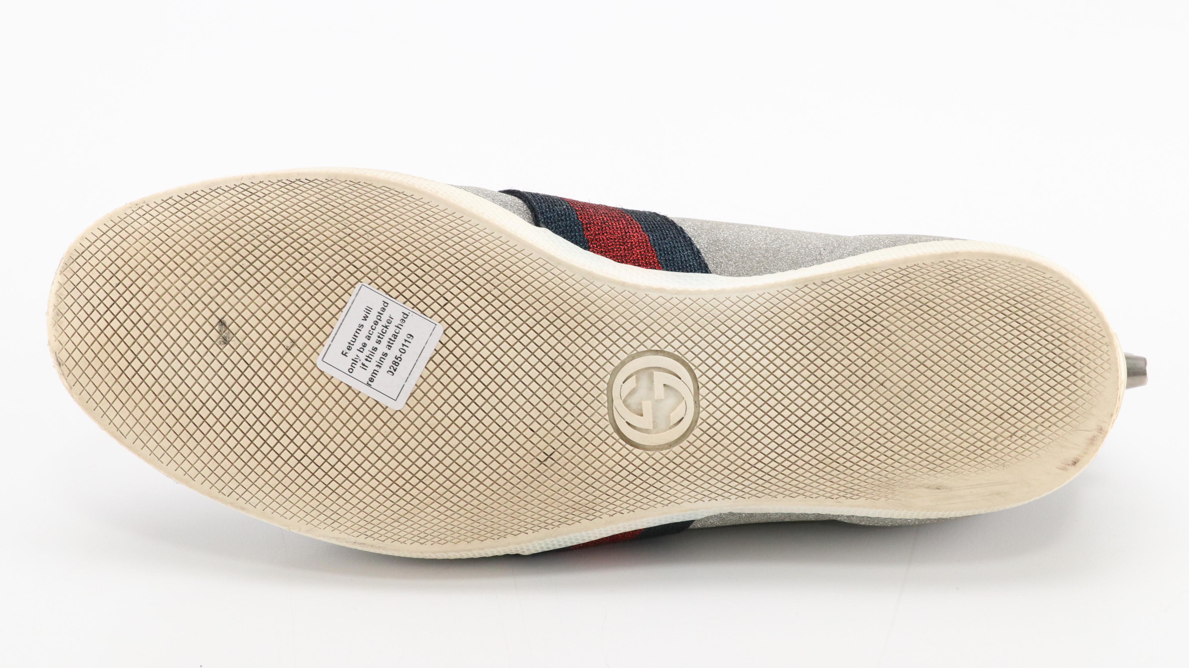 Gucci Studded Sylvie Web Stripe Glitter and Leather Lace-Up Sneakers