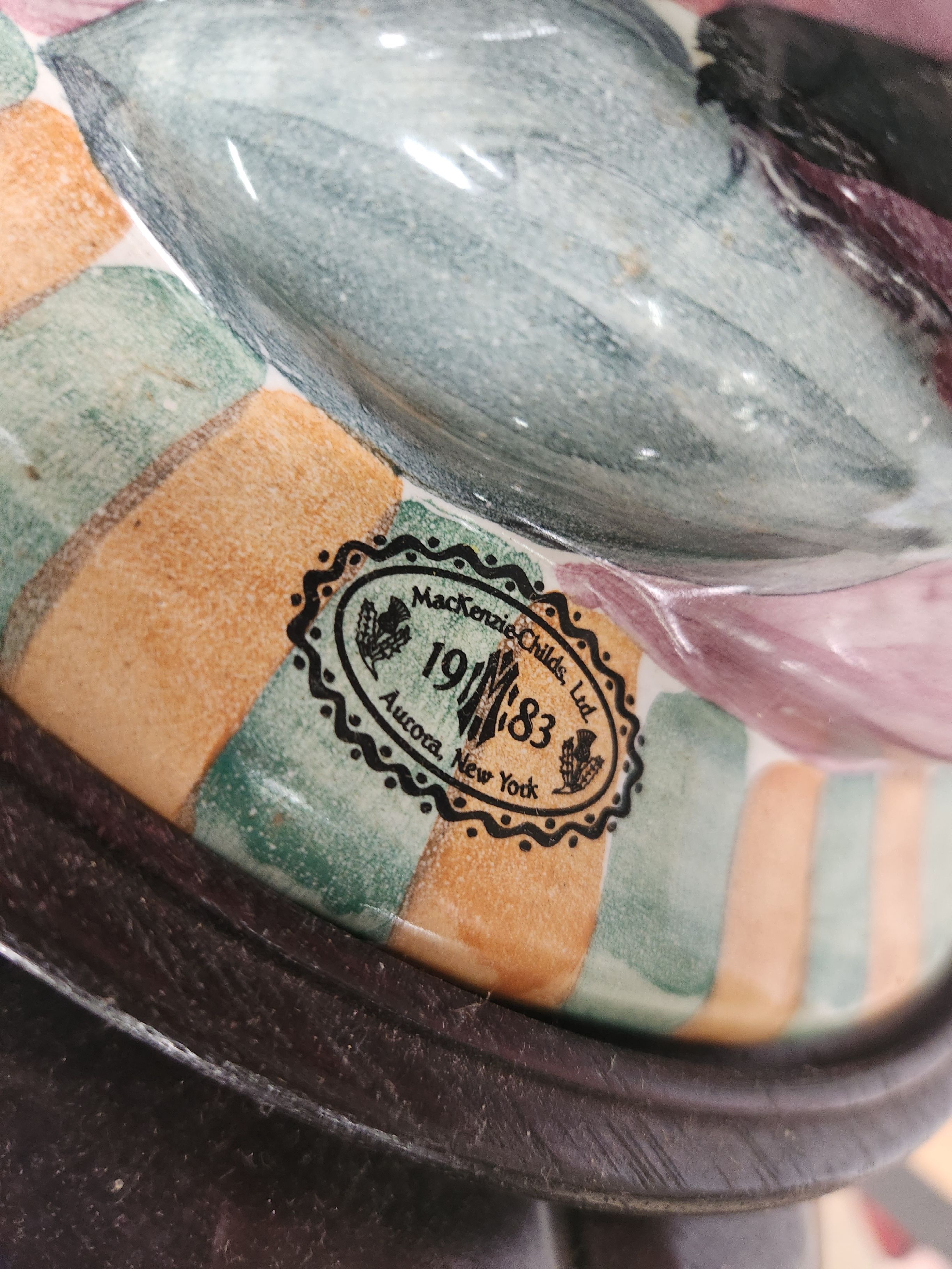 MacKenzie-Childs Ceramic Train Table Lamp with Silk Shade, 1983