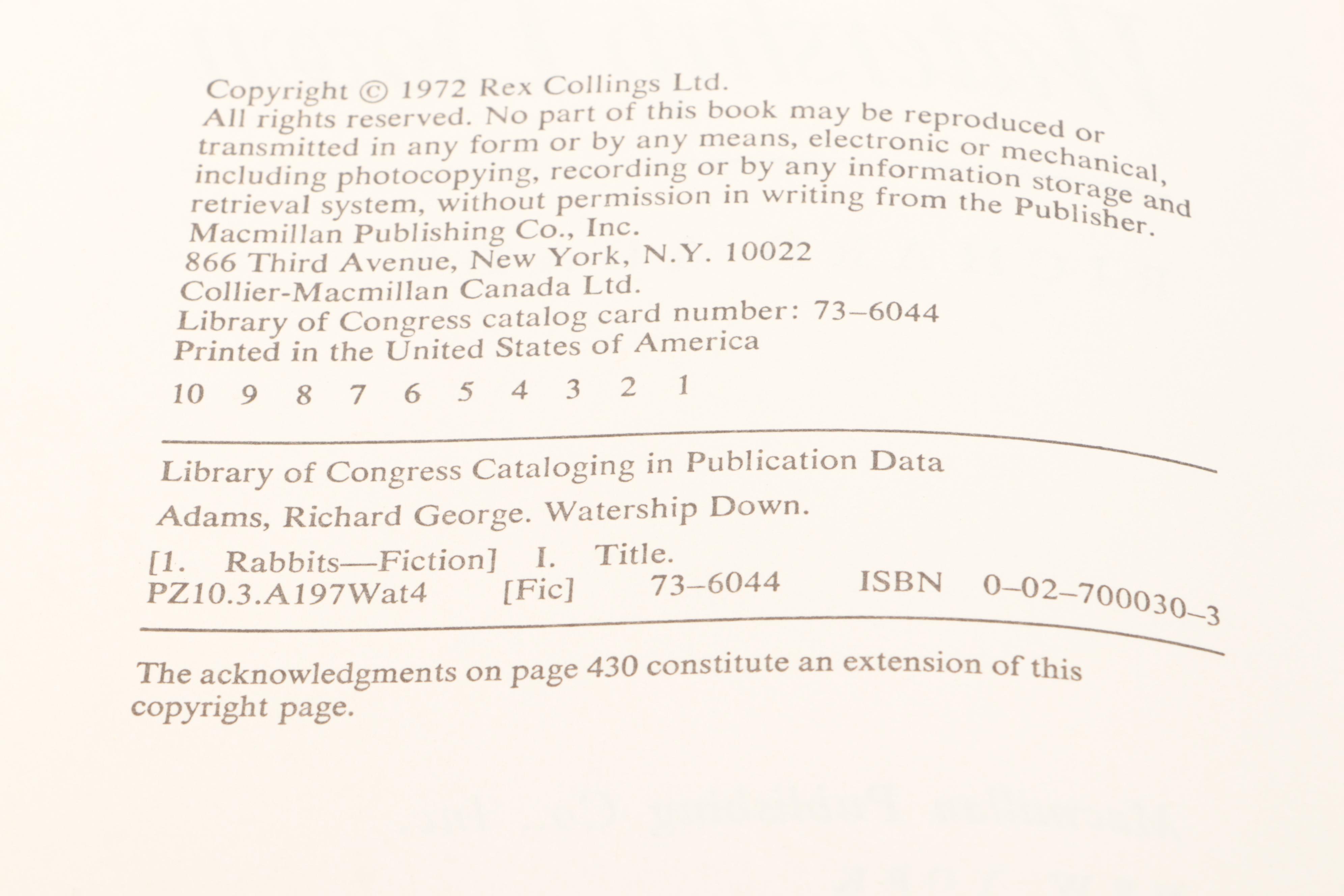 First American Printing "Watership Down" by Richard Adams, 1974