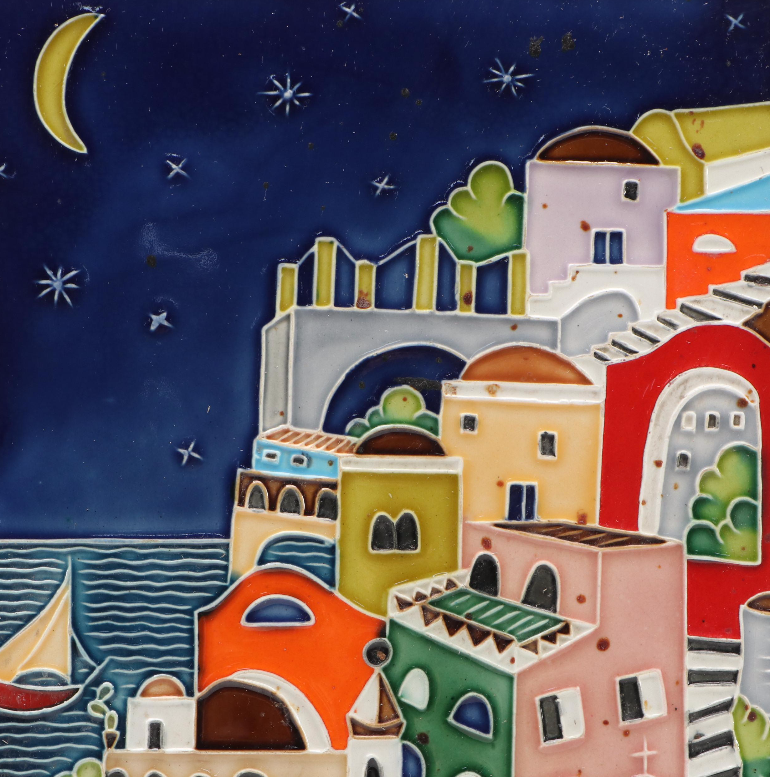 Handmade Mediterranean Coastal Town Hanging Ceramic Plaque