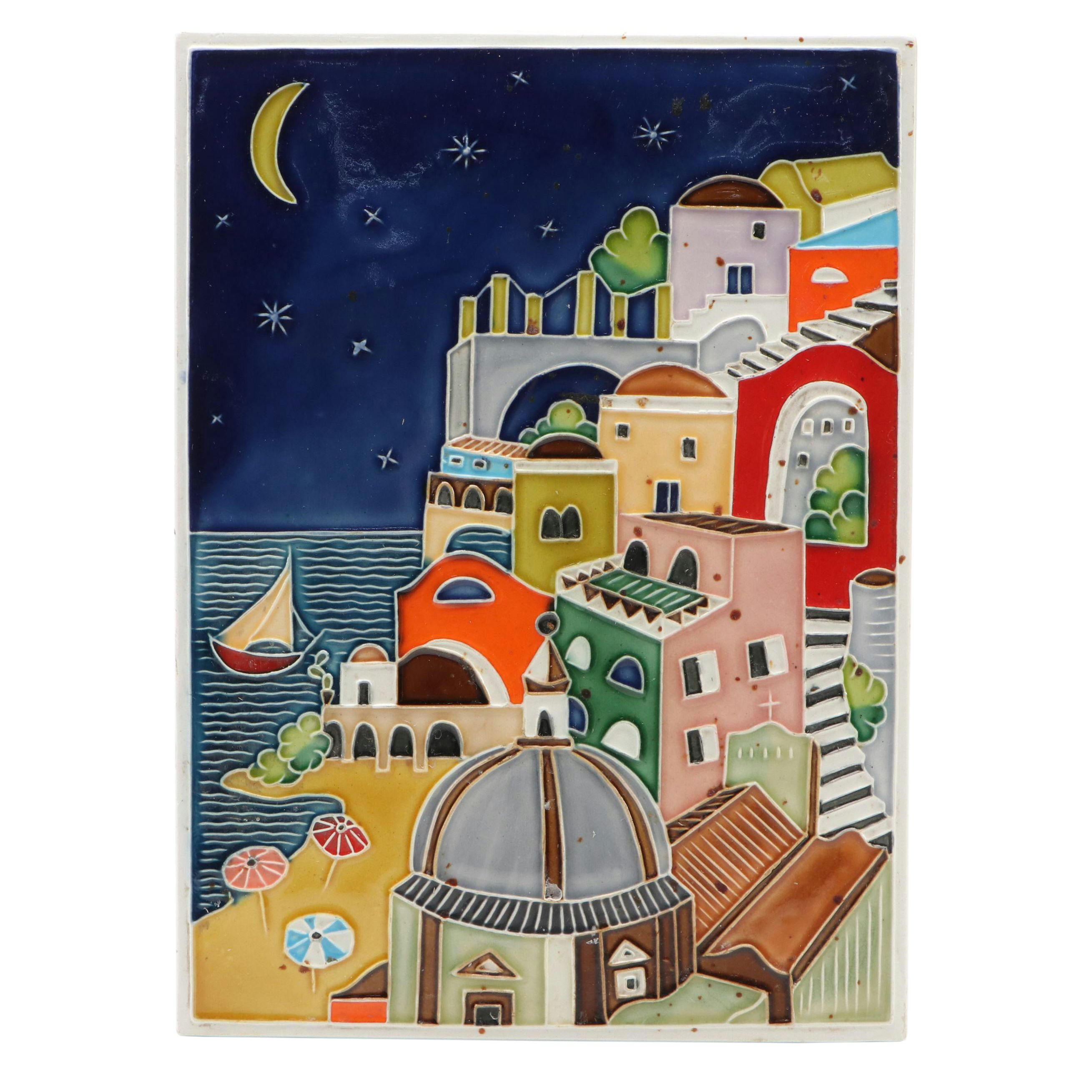Handmade Mediterranean Coastal Town Hanging Ceramic Plaque