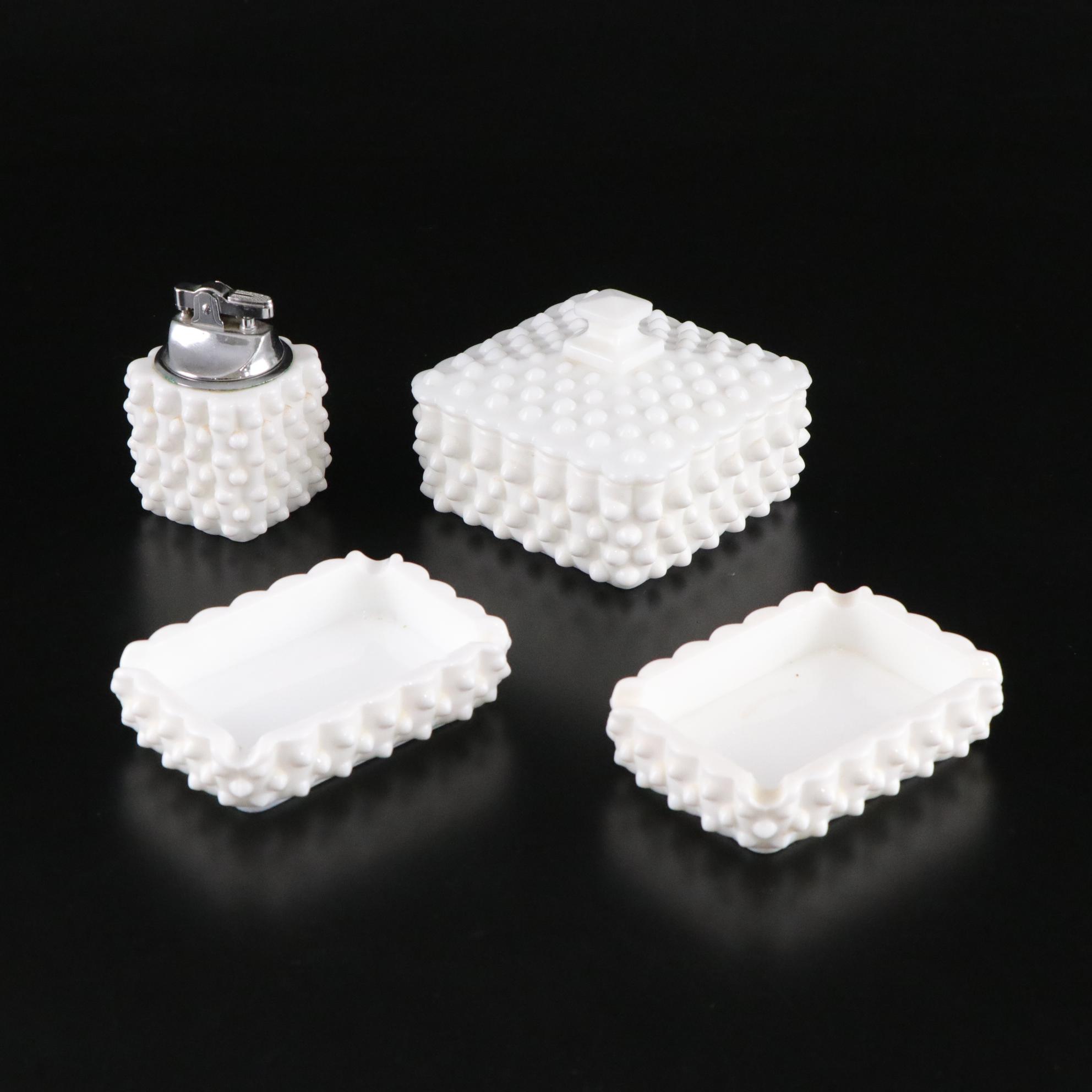 Fenton Hobnail Milk Glass Cigarette Holder, Lighter and Ashtrays