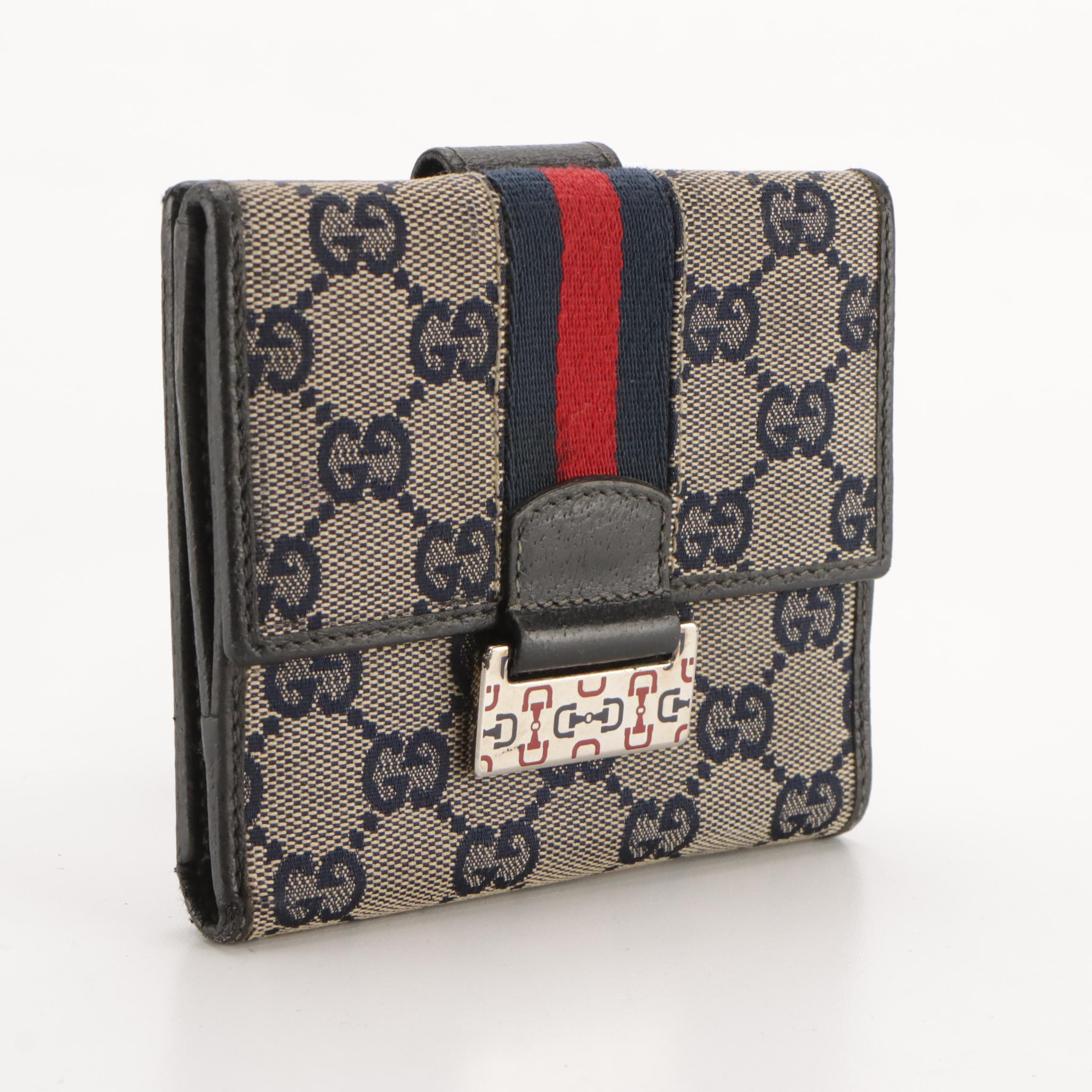 Gucci Navy Blue GG Canvas, Leather Trim and Web Stripe Bifold Compact Wallet