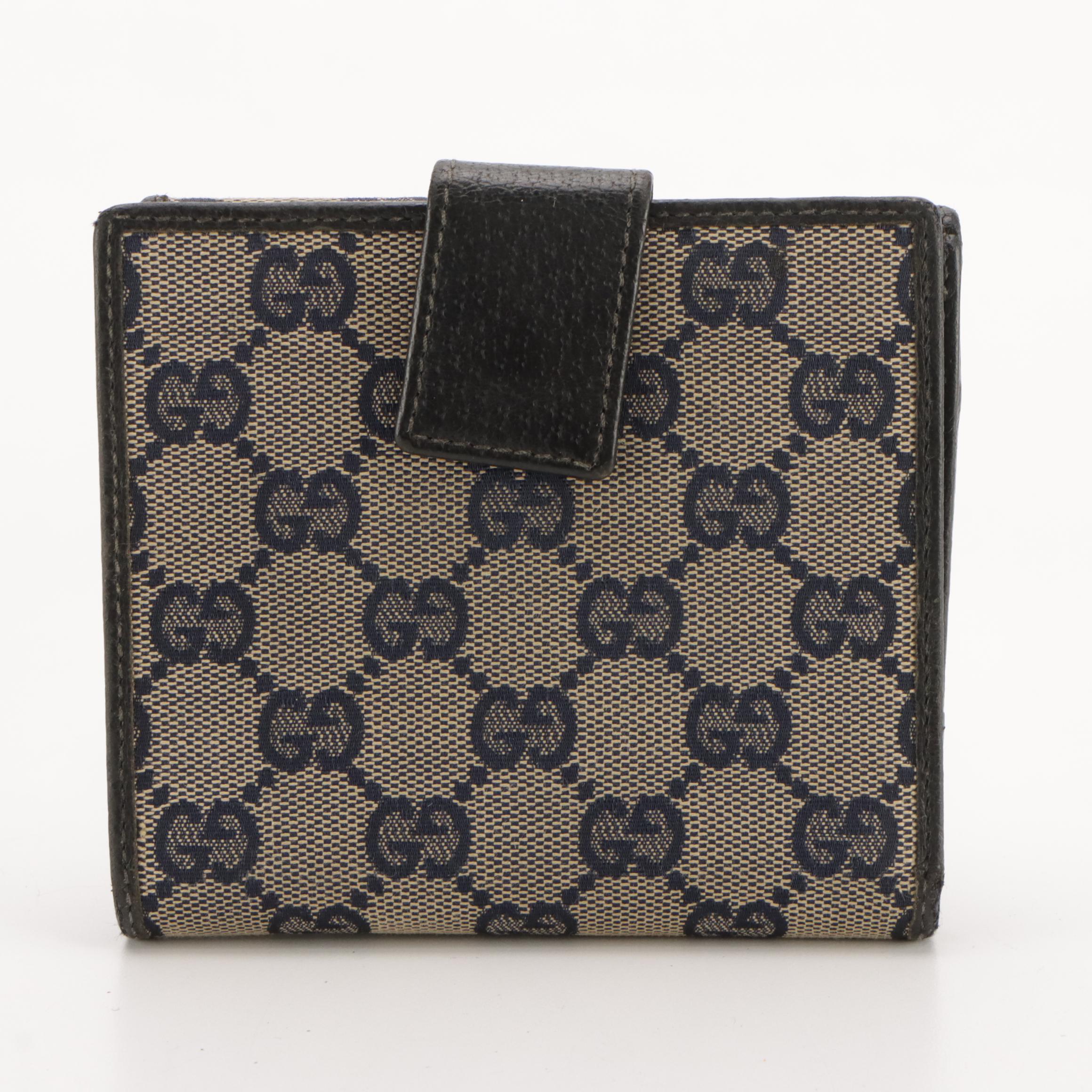 Gucci Navy Blue GG Canvas, Leather Trim and Web Stripe Bifold Compact Wallet