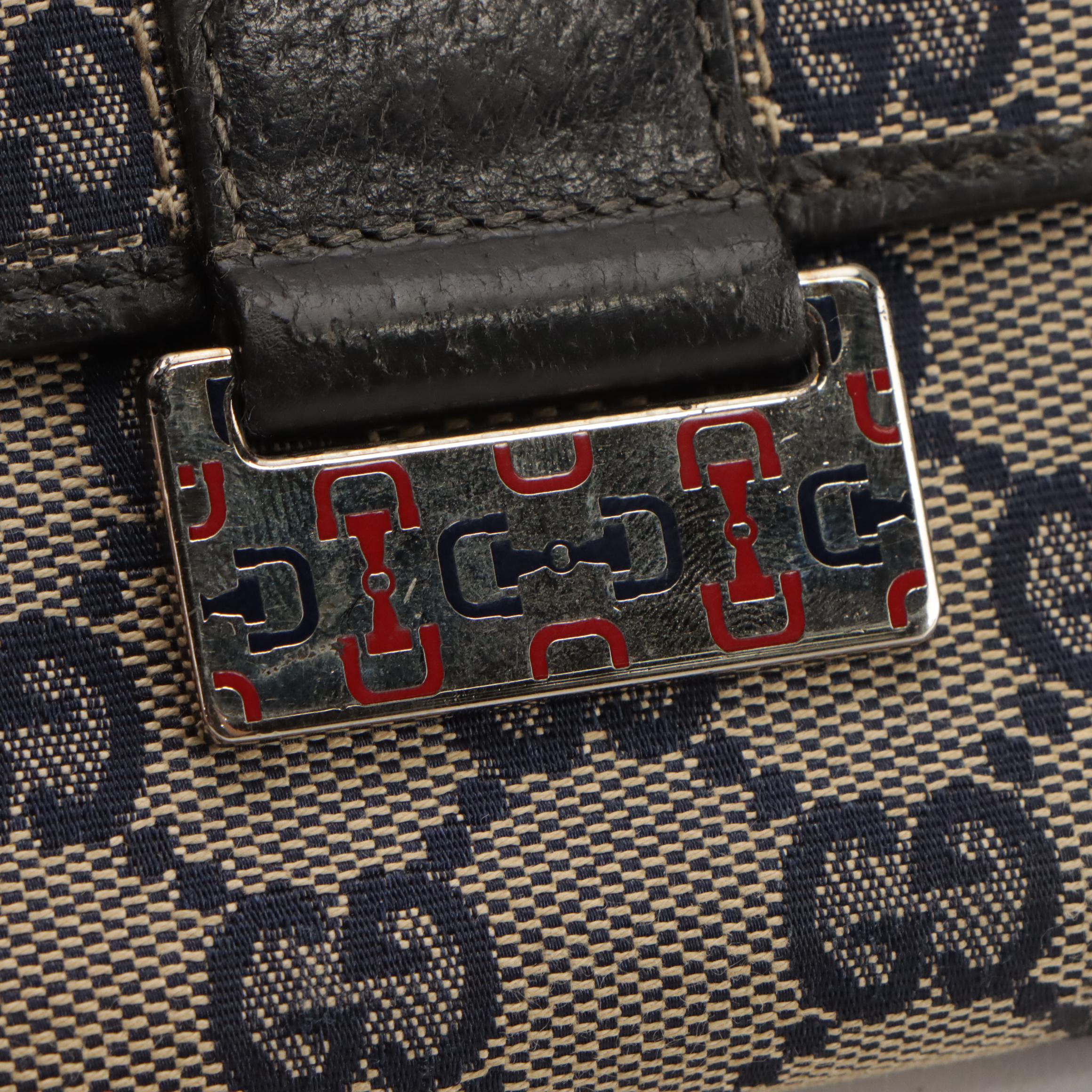 Gucci Navy Blue GG Canvas, Leather Trim and Web Stripe Bifold Compact Wallet