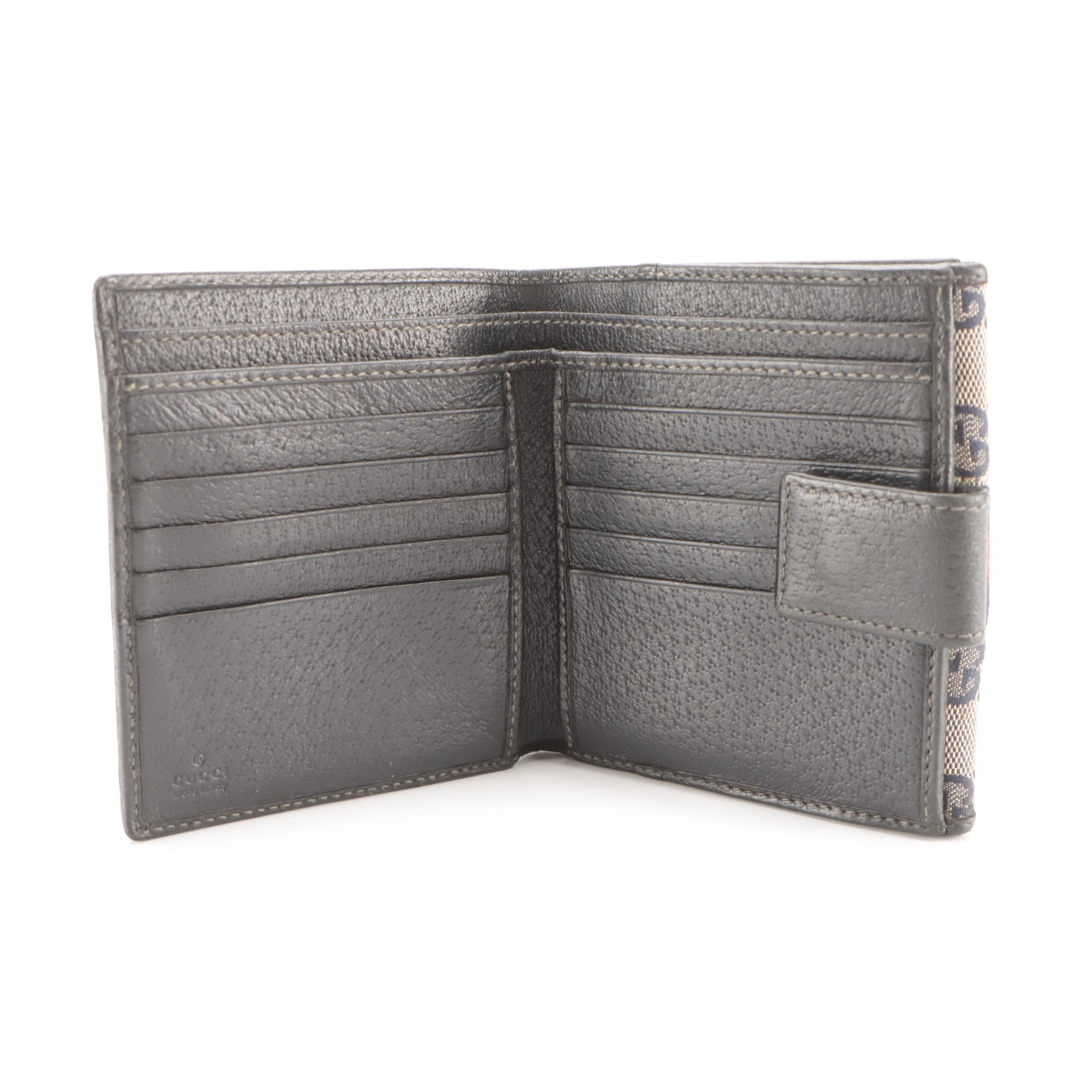 Gucci Navy Blue GG Canvas, Leather Trim and Web Stripe Bifold Compact Wallet