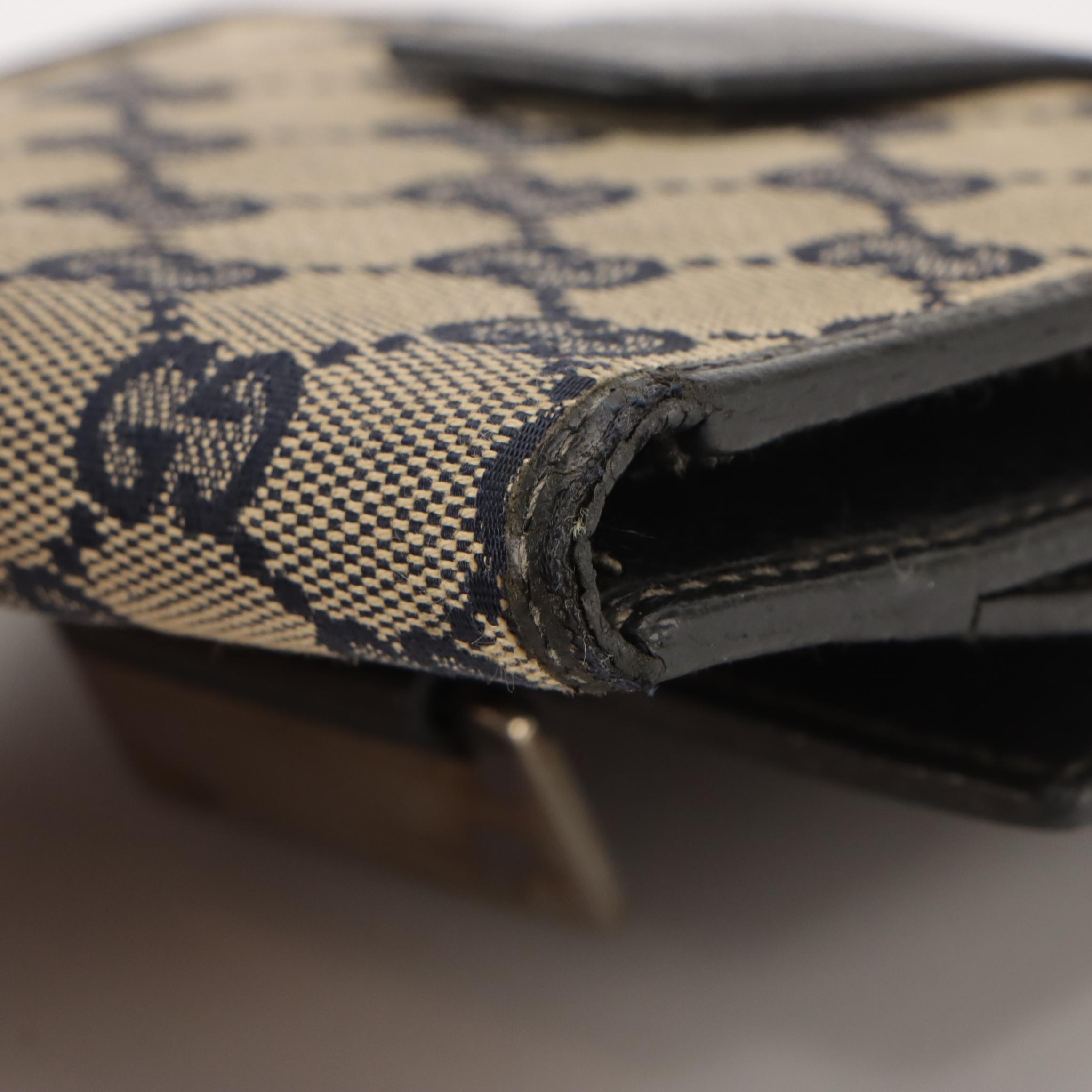 Gucci Navy Blue GG Canvas, Leather Trim and Web Stripe Bifold Compact Wallet