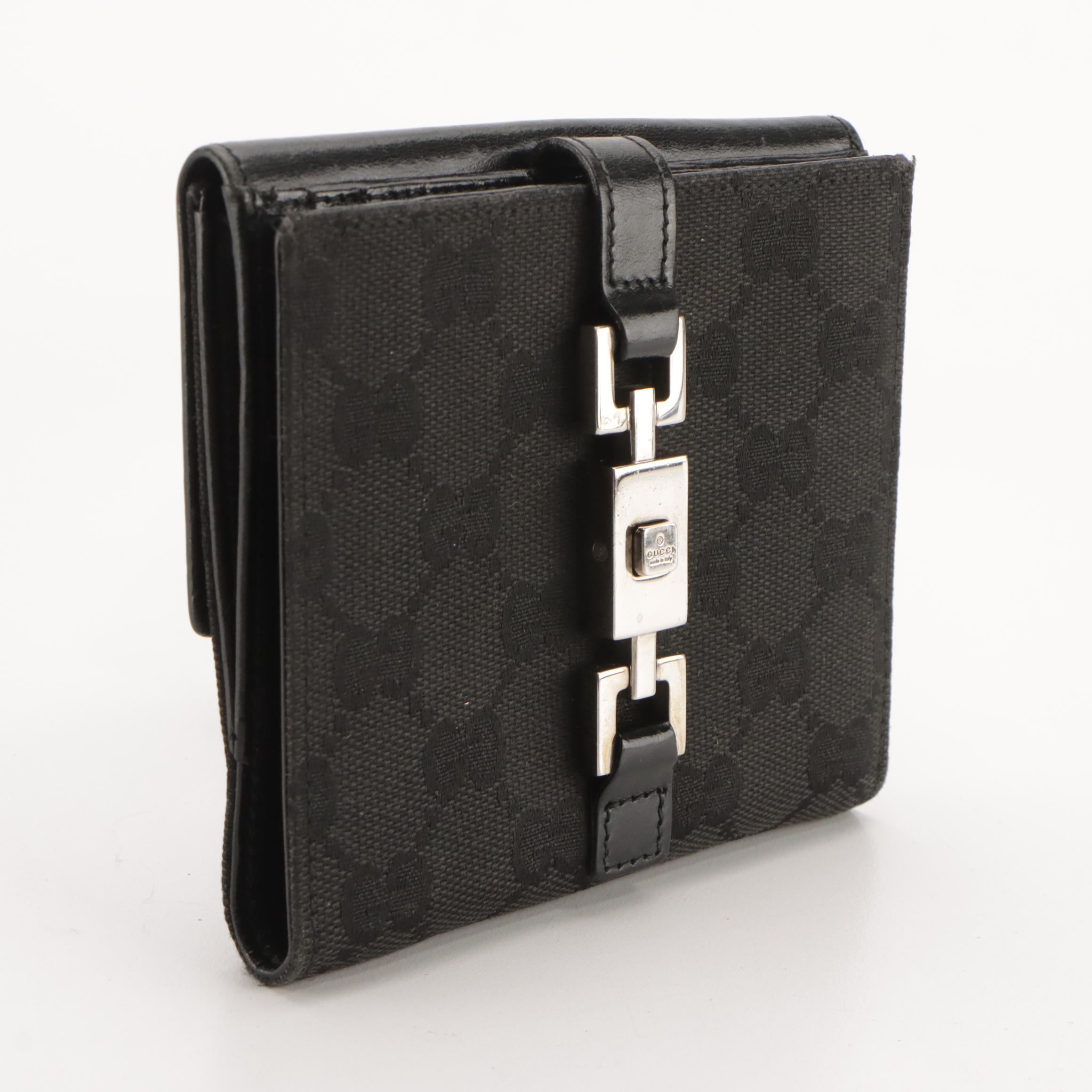 Gucci Jackie Bifold Wallet in Black GG Canvas and Black Leather