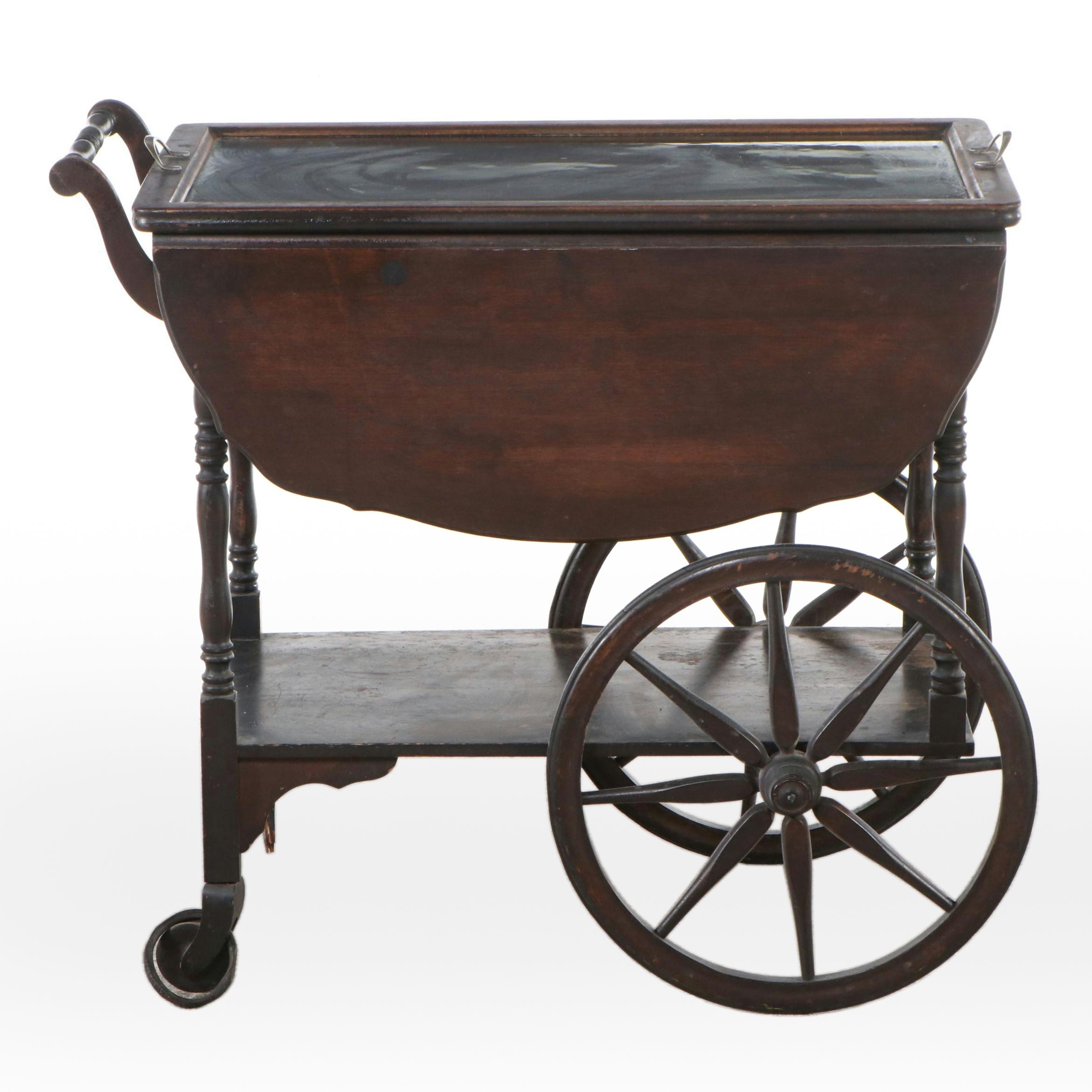 Antique Mahogany Drop Leaf Tea Cart with Glass Tray Top, Early 20th Century