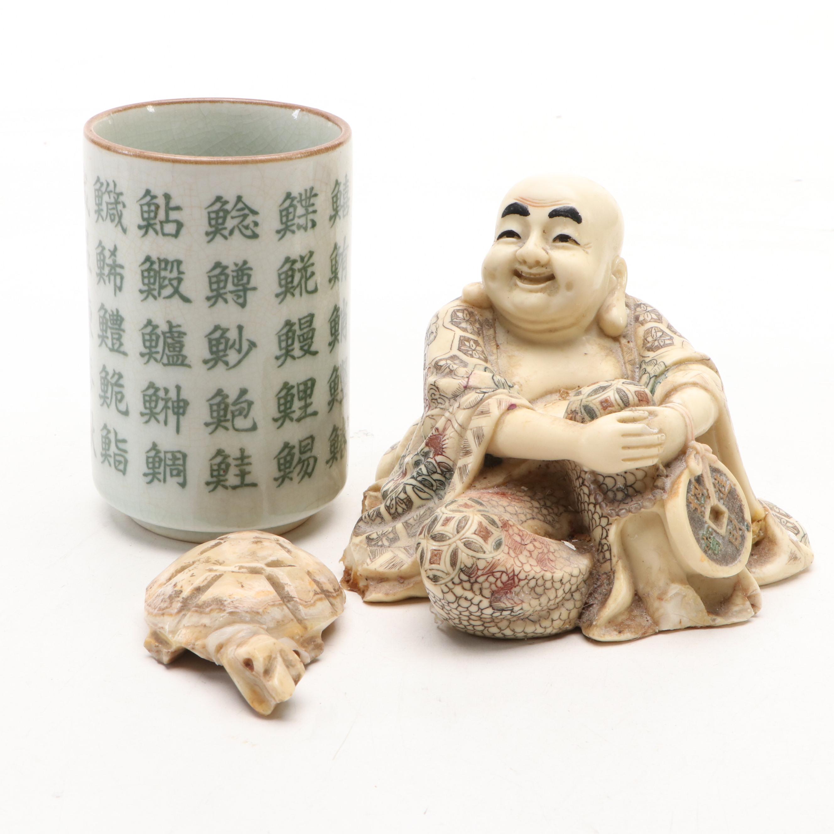 Buddha Statue with Cylindrical Character Vase and Banded Agate Turtle