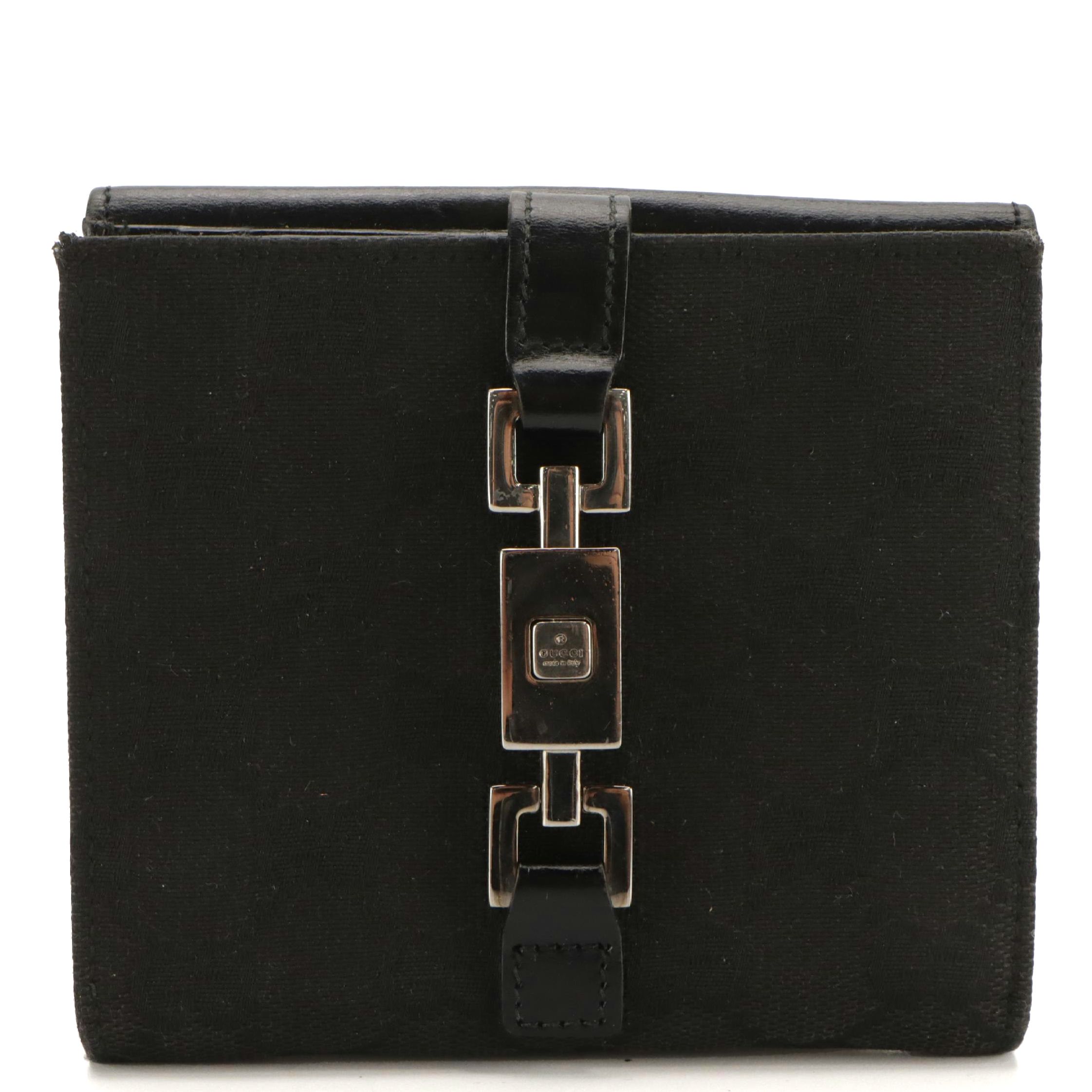 Gucci Jackie Bifold Wallet in Black GG Canvas and Black Leather