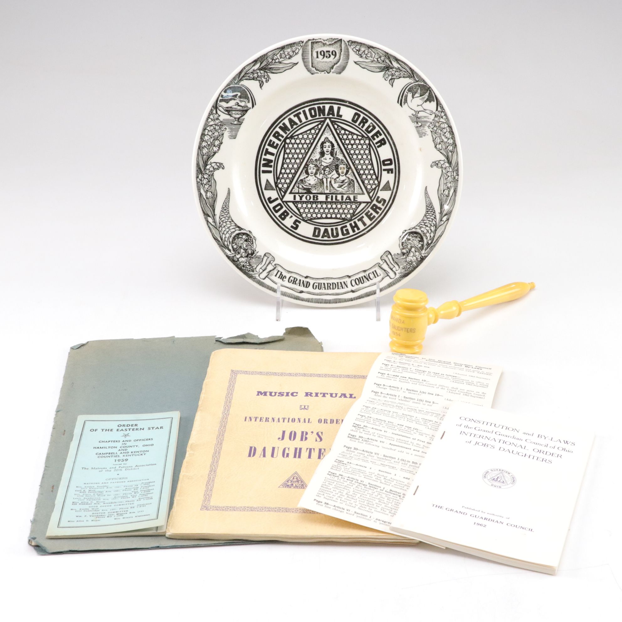 Job's Daughters Masonic Affiliated Ephemera, Gavel, and Decorative Plate