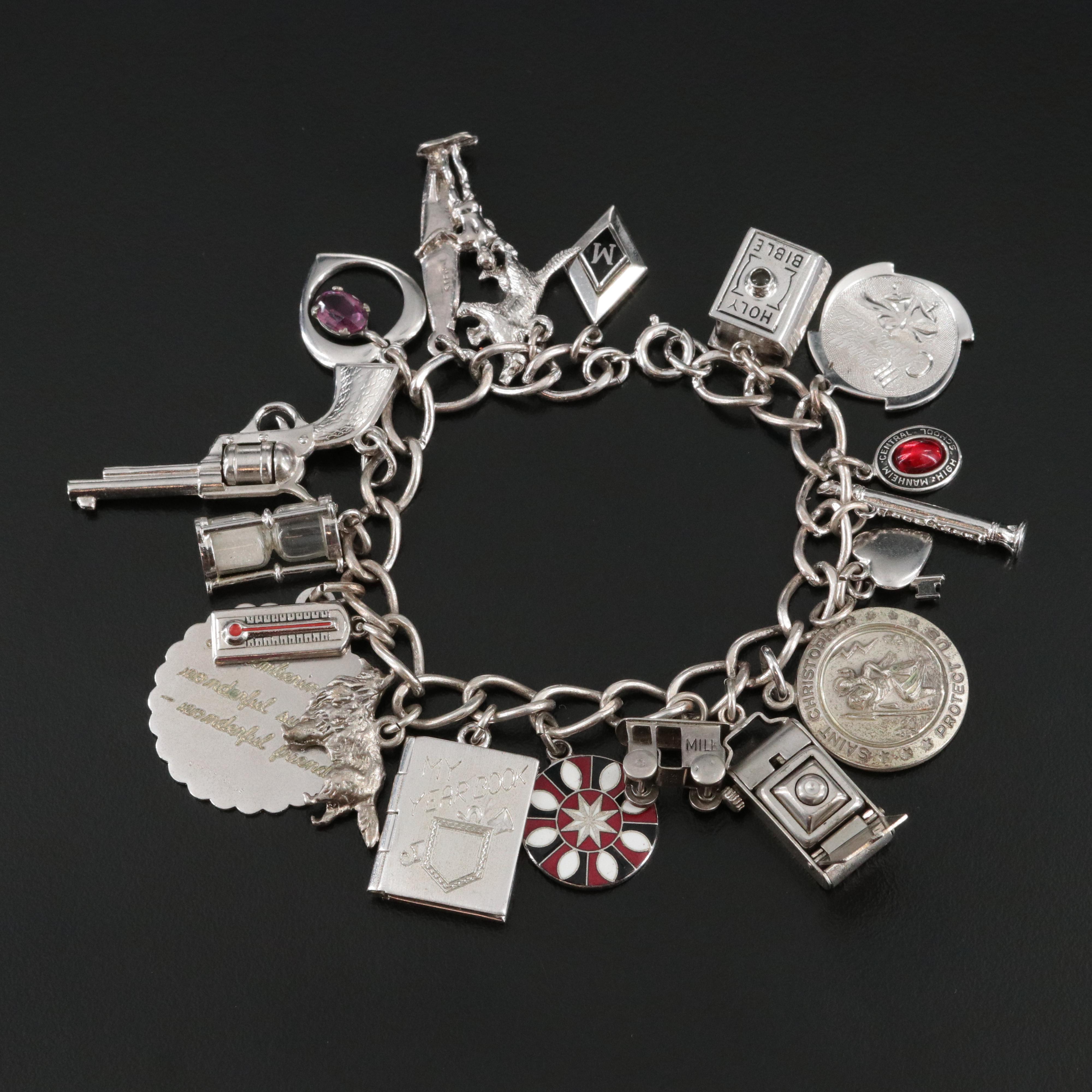 Vintage Sterling Charm Bracelet with Glass and Enamel Charms