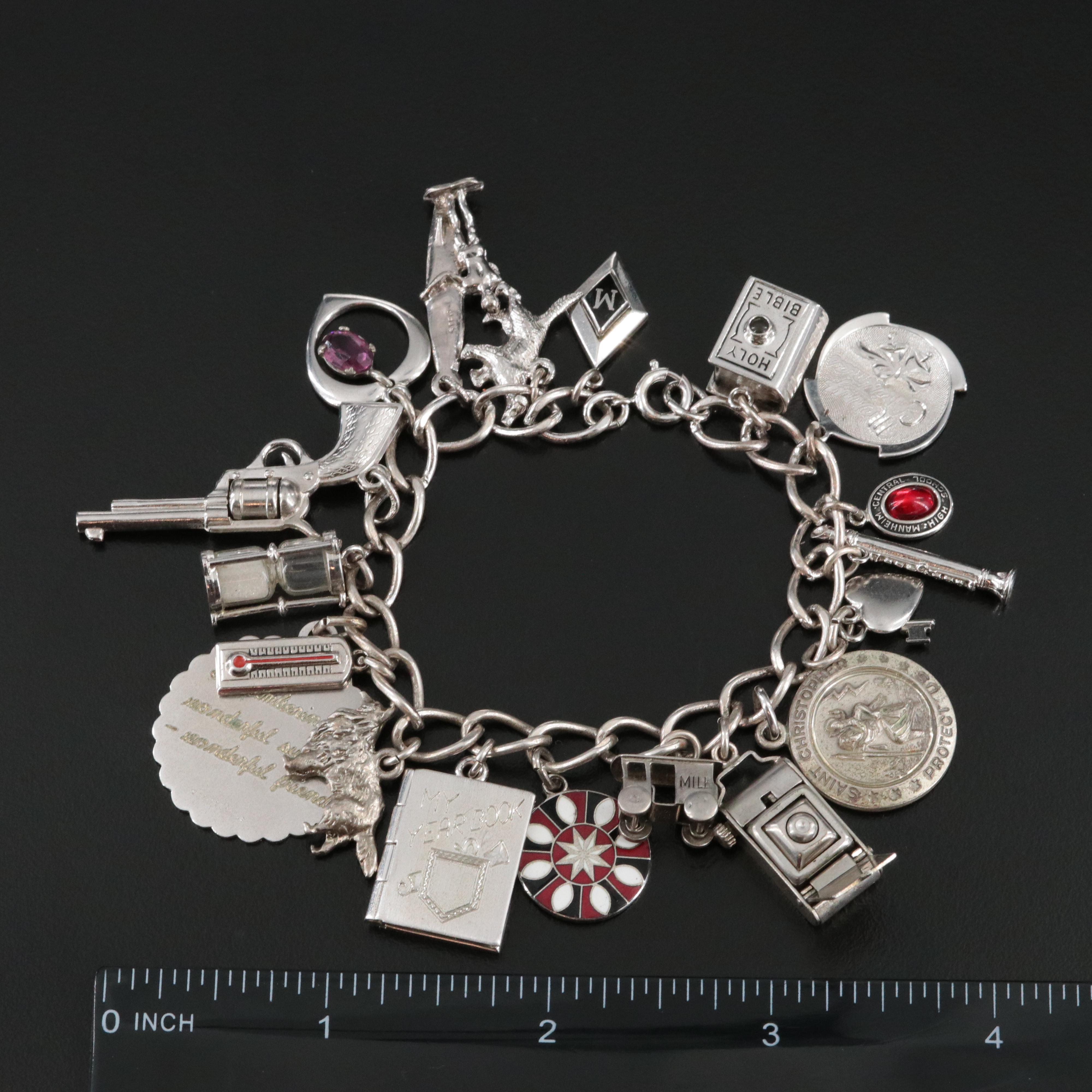 Vintage Sterling Charm Bracelet with Glass and Enamel Charms