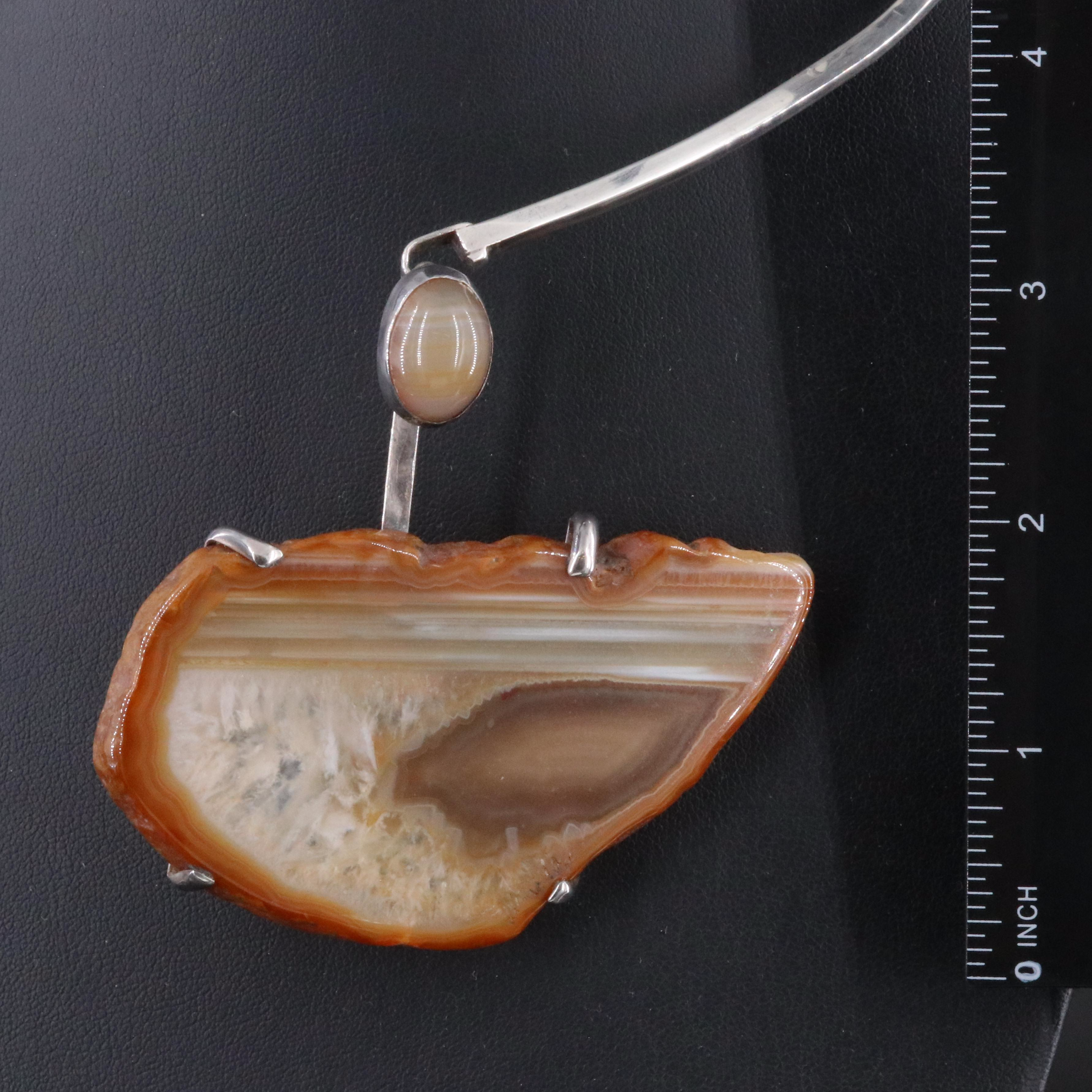 Artisan Signed Sterling Agate Torque Necklace