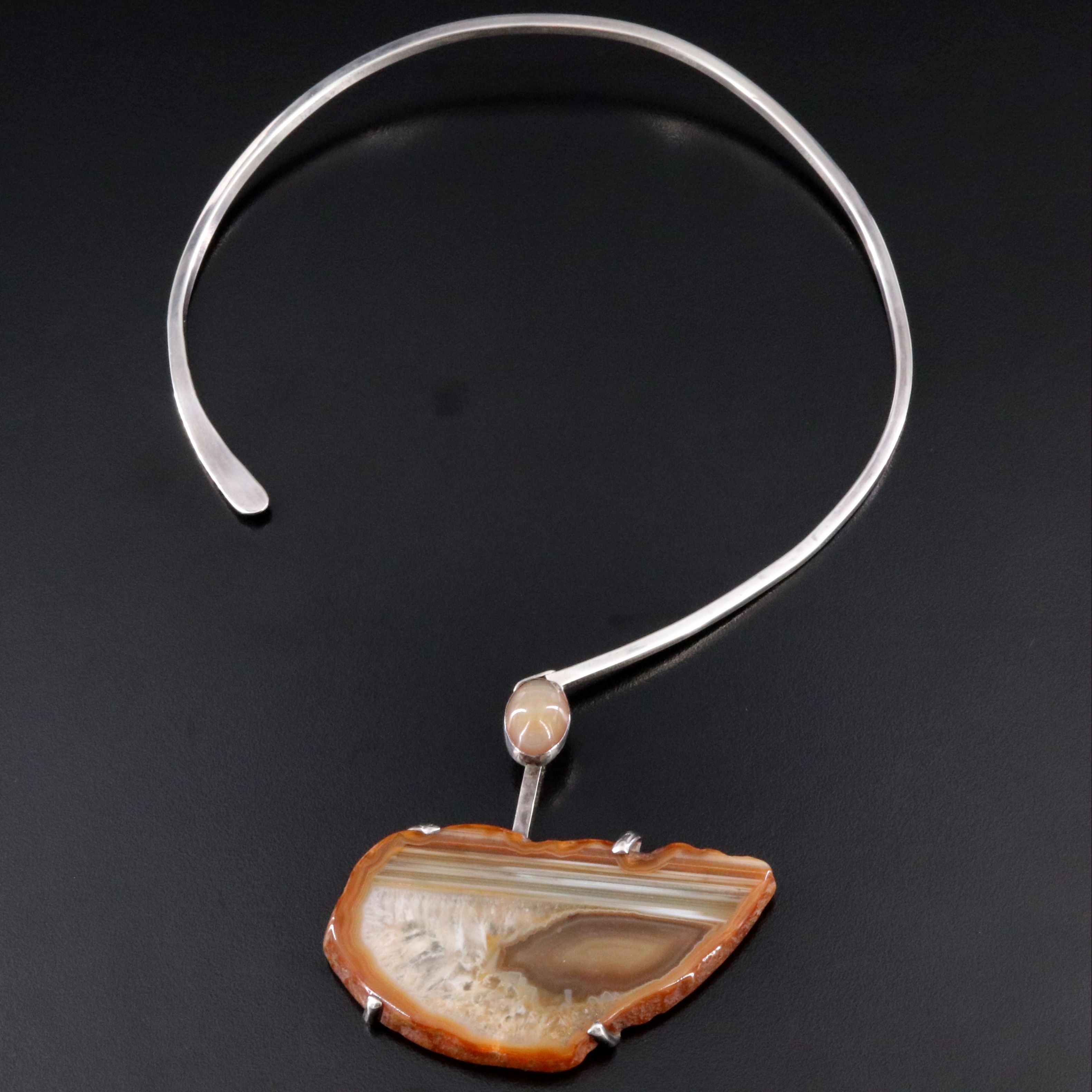 Artisan Signed Sterling Agate Torque Necklace
