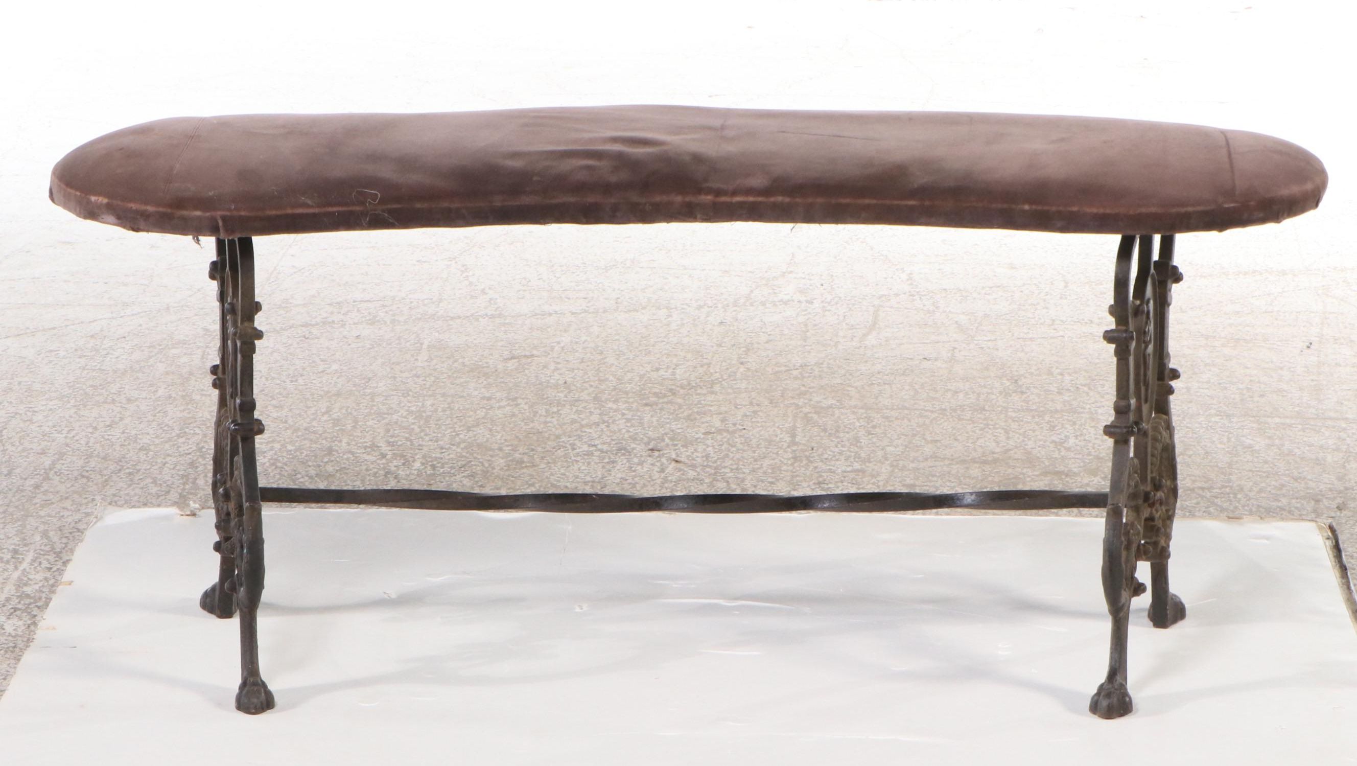 Victorian Cast Iron Curved Bench with Upholstered Seat