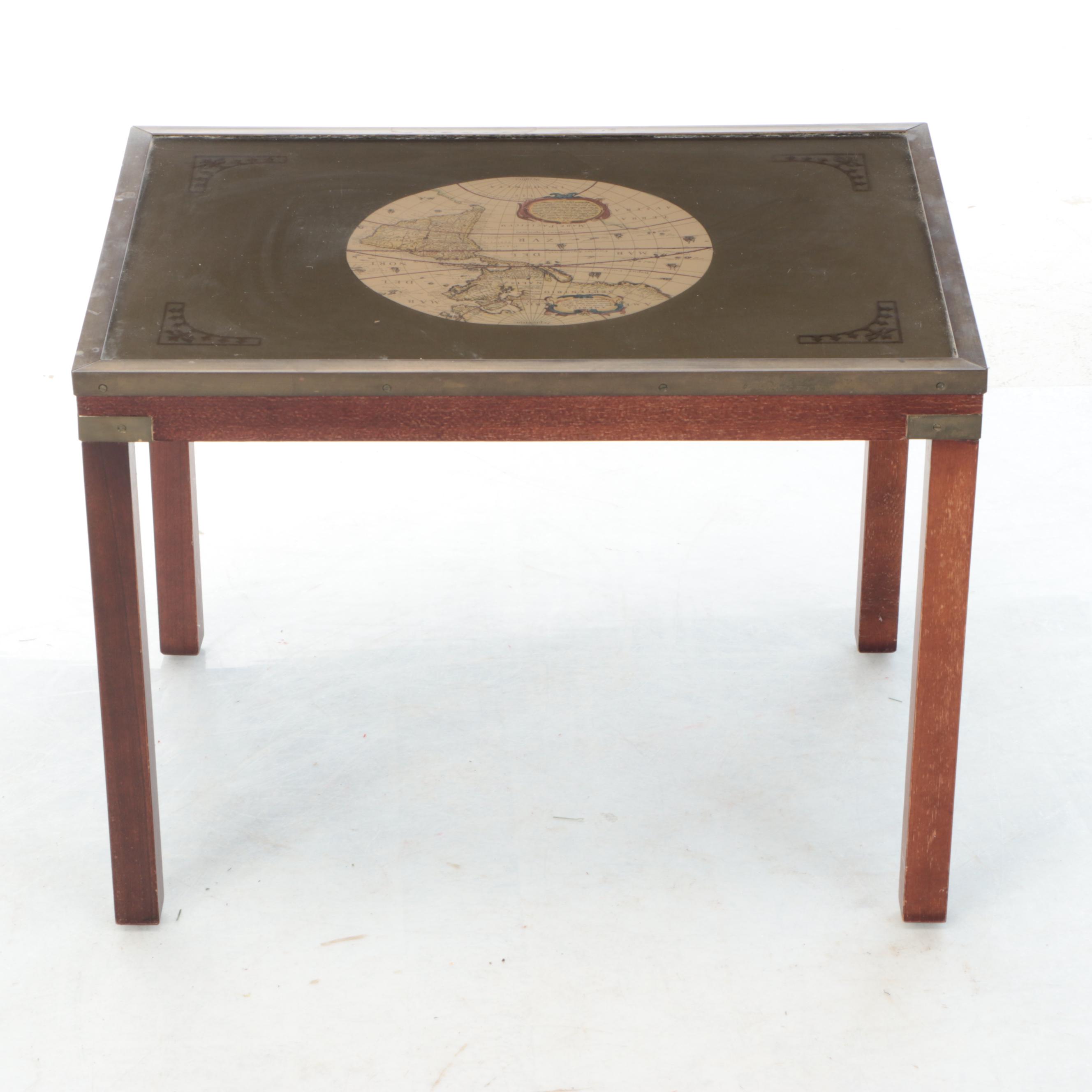Campaign Style Nesting Tables with World Map Decal and Glass Tops