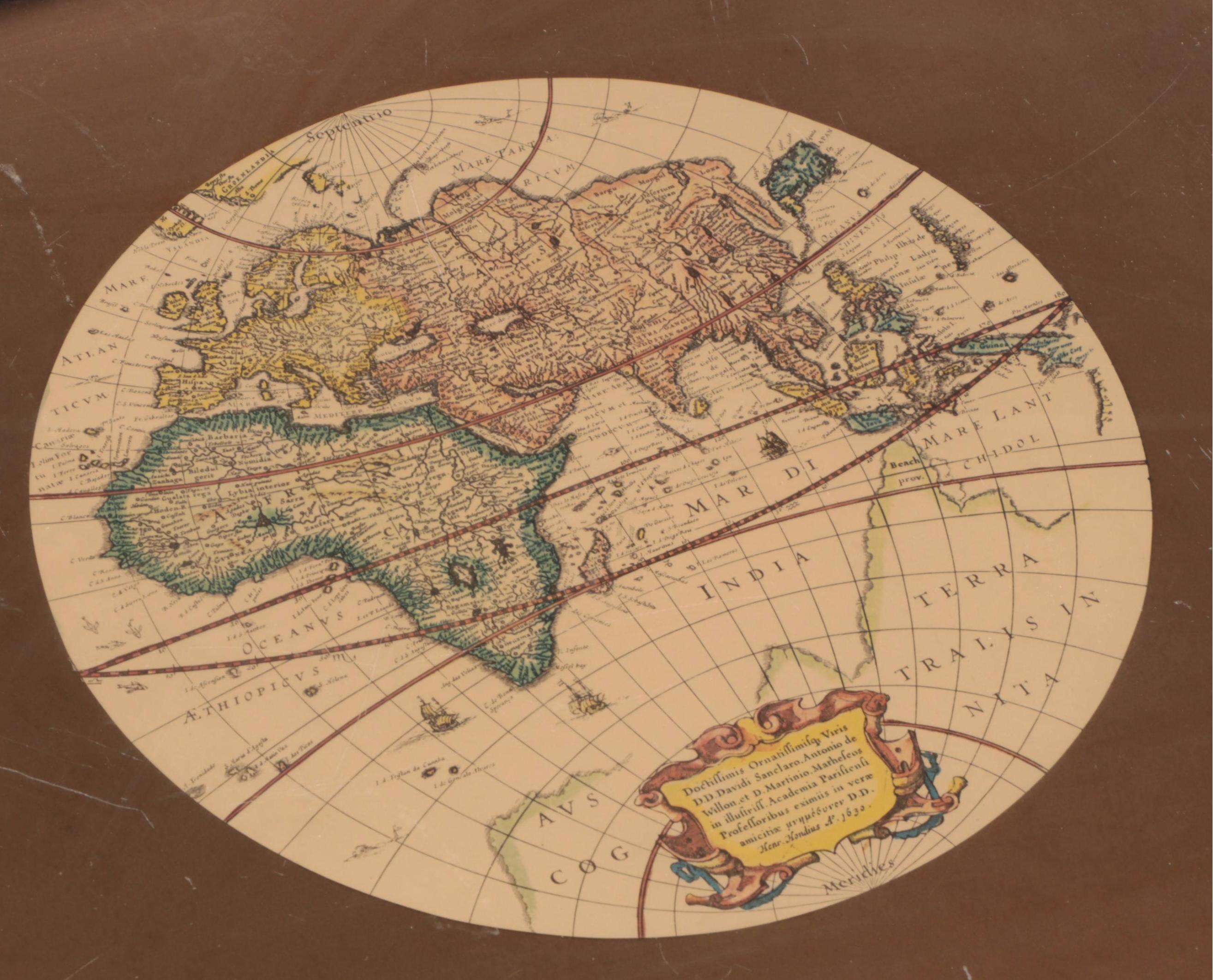 Campaign Style Nesting Tables with World Map Decal and Glass Tops