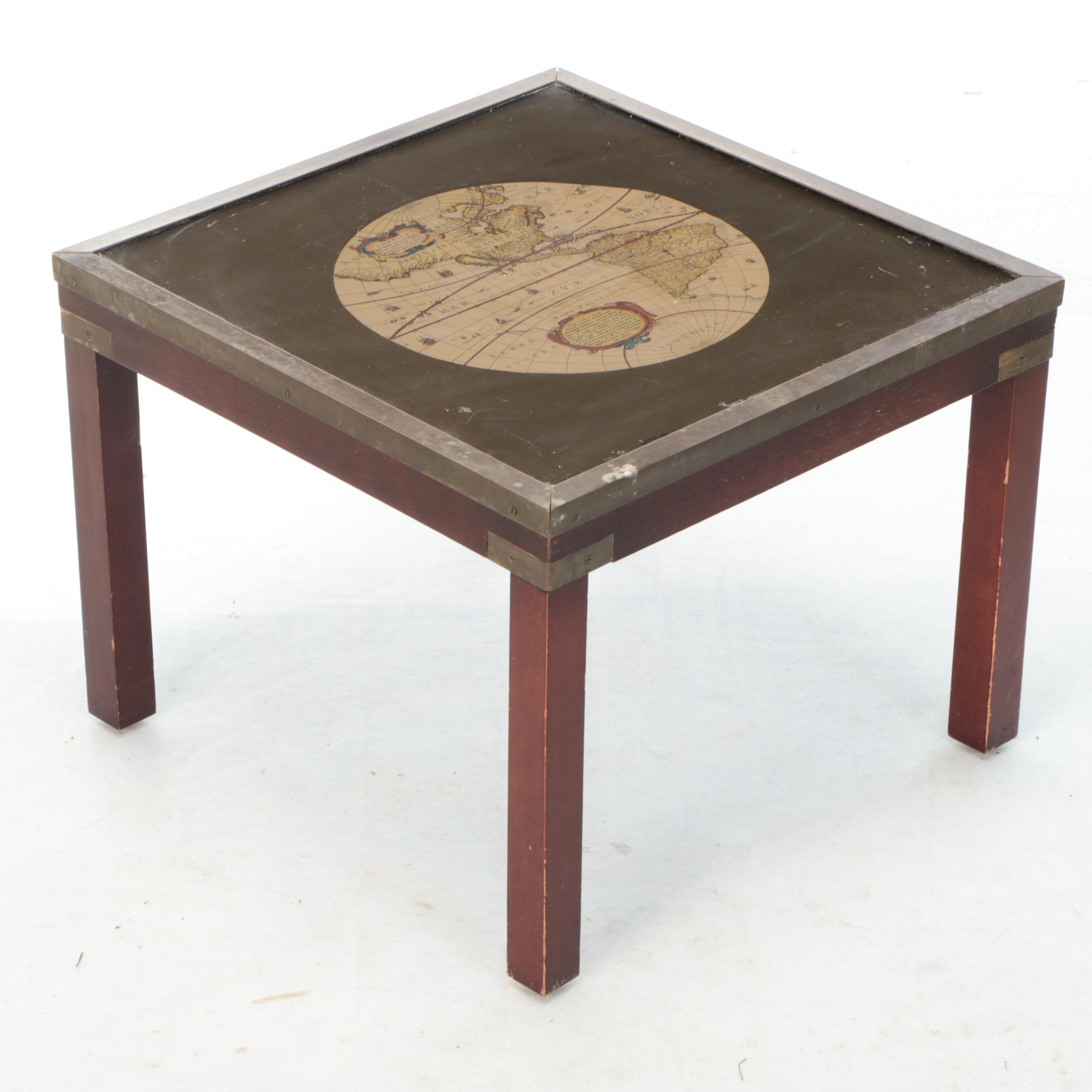 Campaign Style Nesting Tables with World Map Decal and Glass Tops
