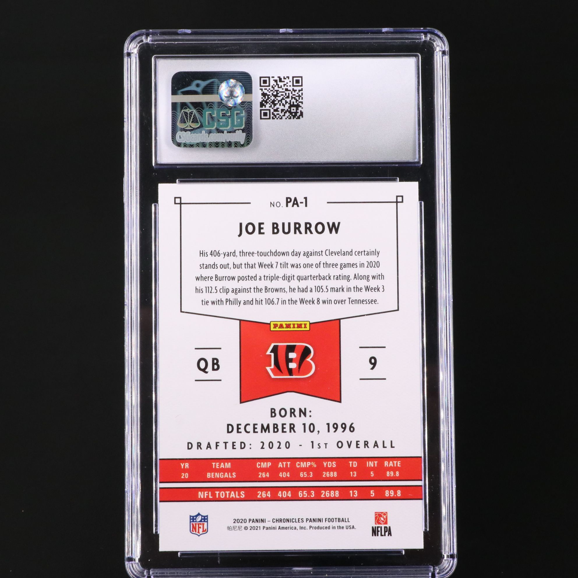 2020 Panini Chronicles Joe Burrow Rookie Football Card Graded CSG 10