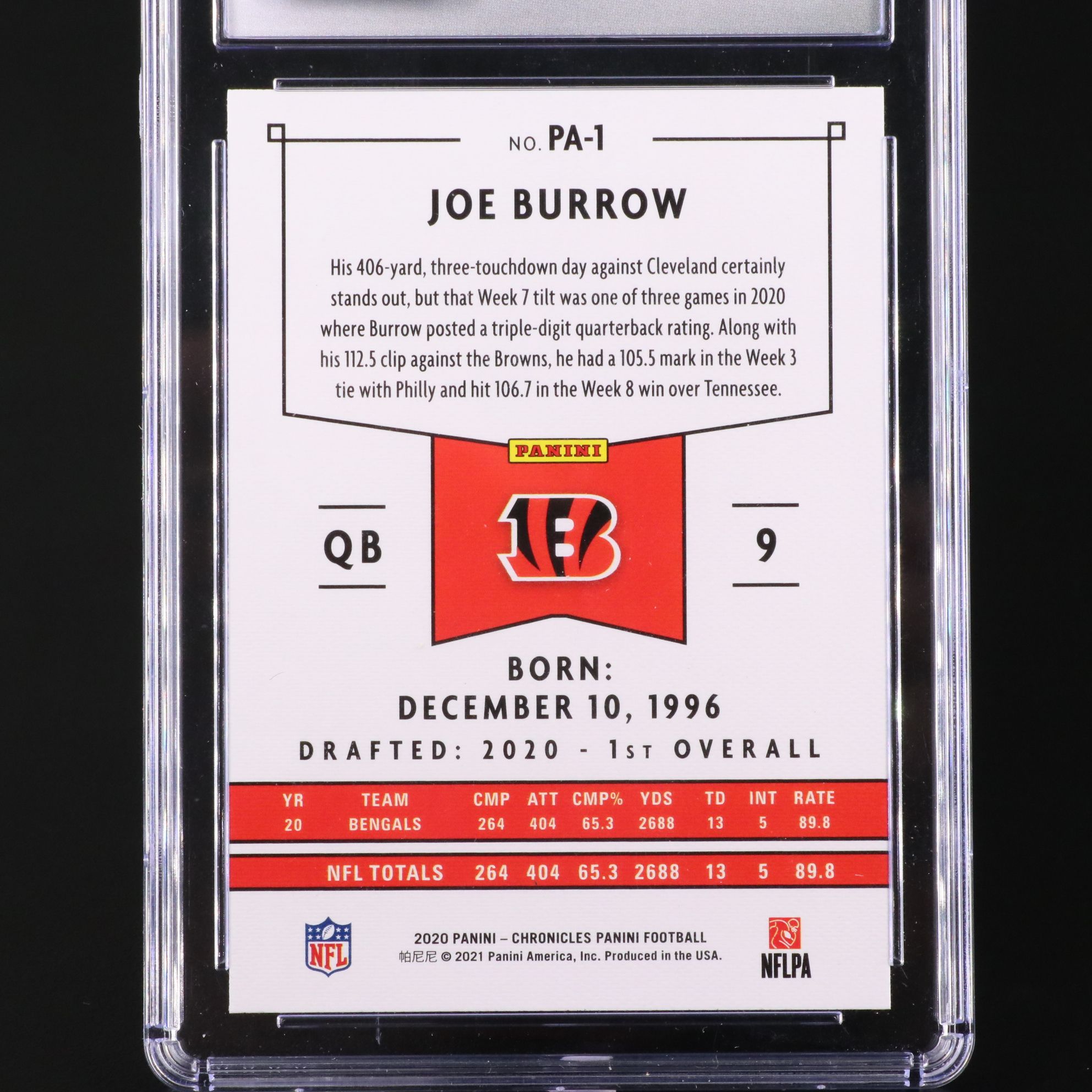 2020 Panini Chronicles Joe Burrow Rookie Football Card Graded CSG 10