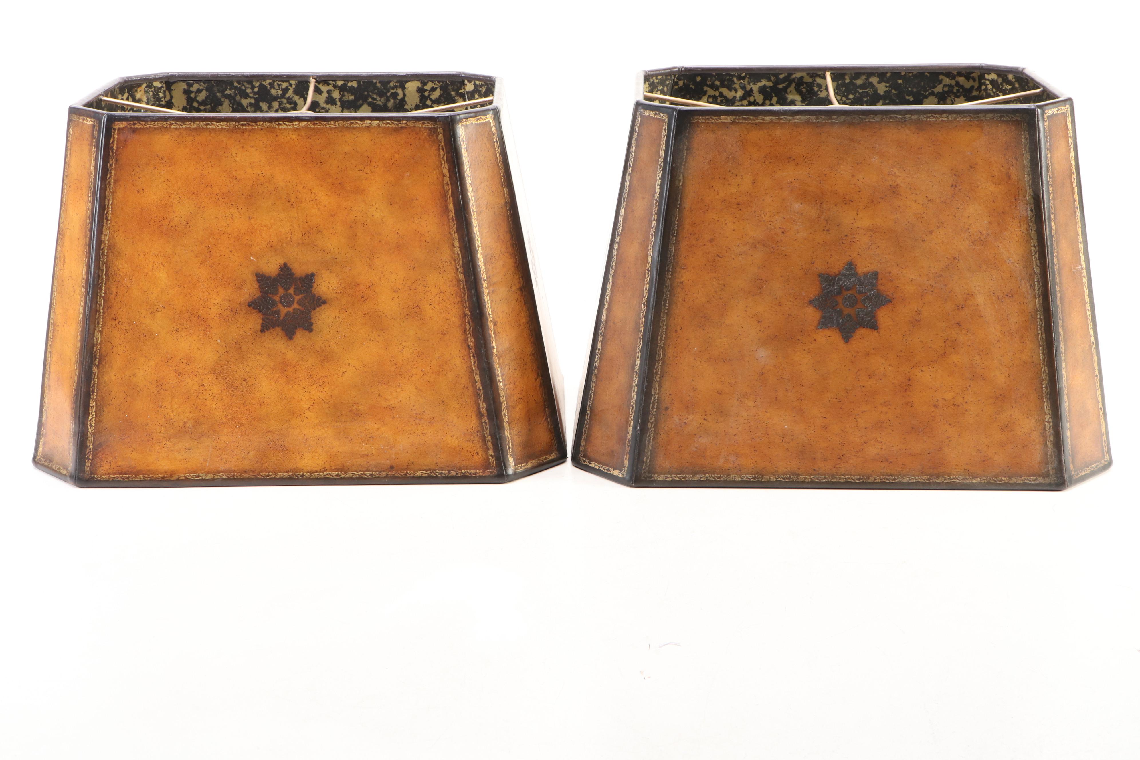 Paneled Leather Lampshades with Reflective Liners, Style of Maitland-Smith