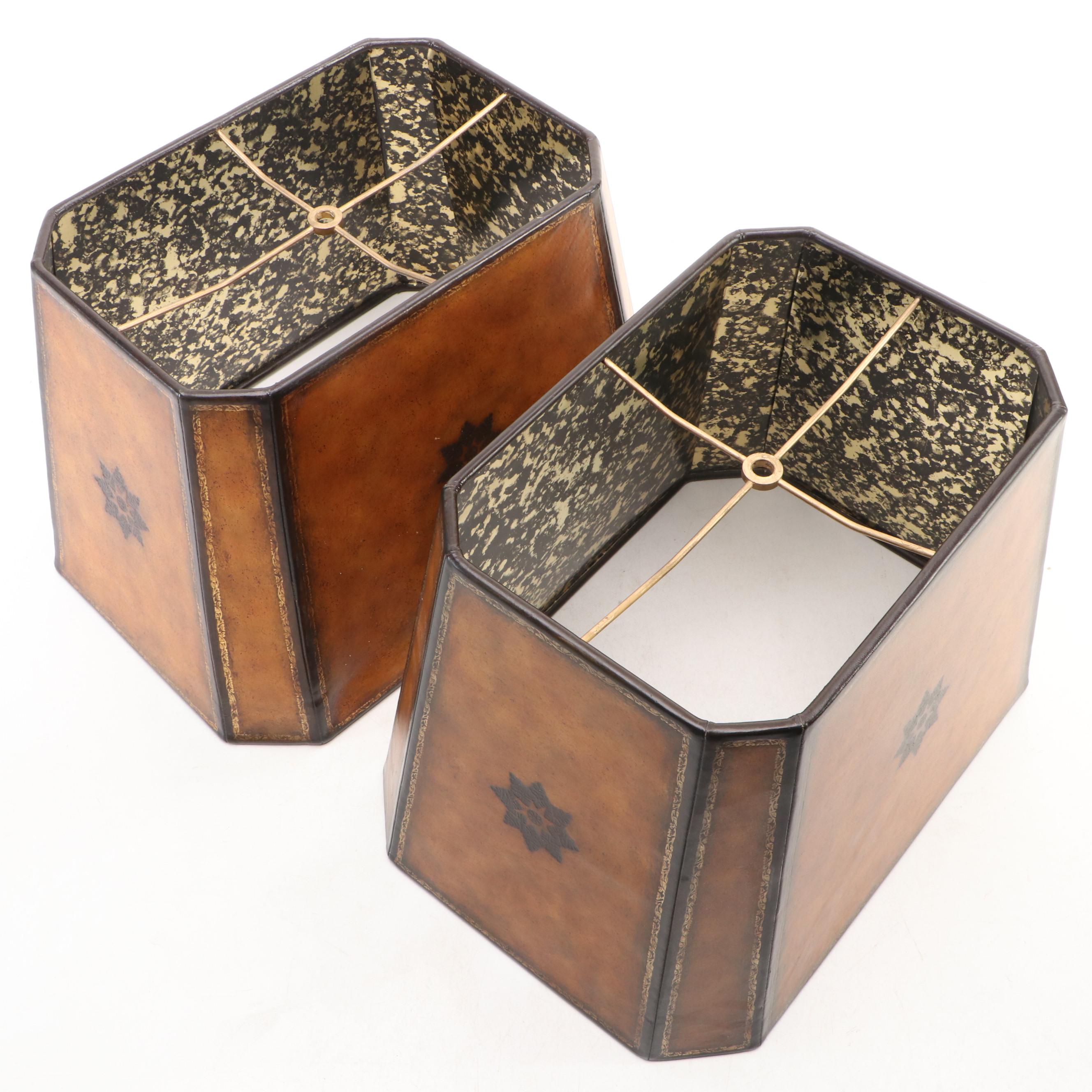Paneled Leather Lampshades with Reflective Liners, Style of Maitland-Smith